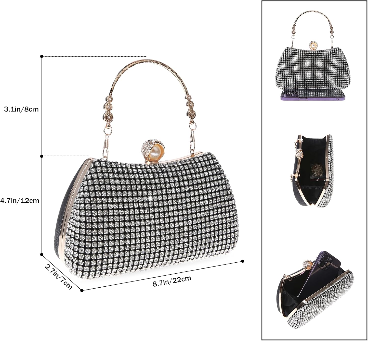 Womens Sparkly Rhinestone Crystal Clutch Glitter Sequin Evening Bag Purse Handbag for Bridal Wedding Party Prom - Image 3