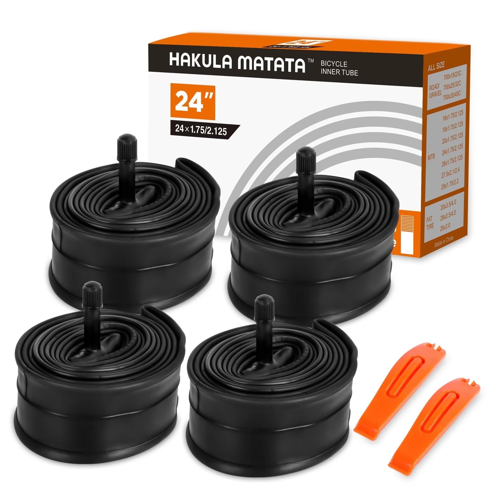 HAKULA MATATA 4 Pcs 16/20/24/26/27.5/29 Inch x 1.75-2.125/2.4 Bike Tube with AV 35 Valve Stem, MTB Bicycle Butyl Inner Tube Replacement for Mountain