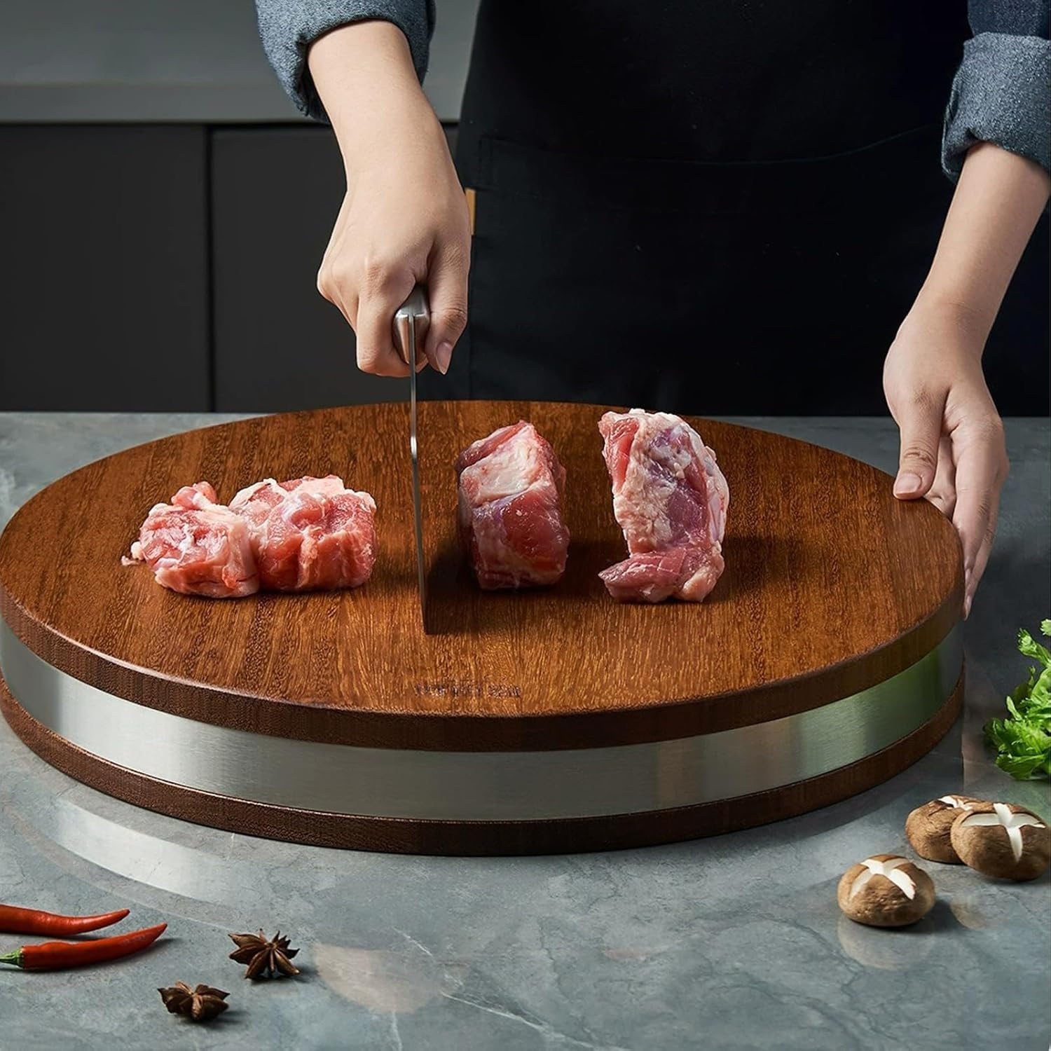Round Black & Gold Sandalwood Cutting Board with Handle Perfect for Fish Meat Vegetables Fruits Cheese Kitchen & Camping Use 45x4.4 cm,Wood-45 * 4.4