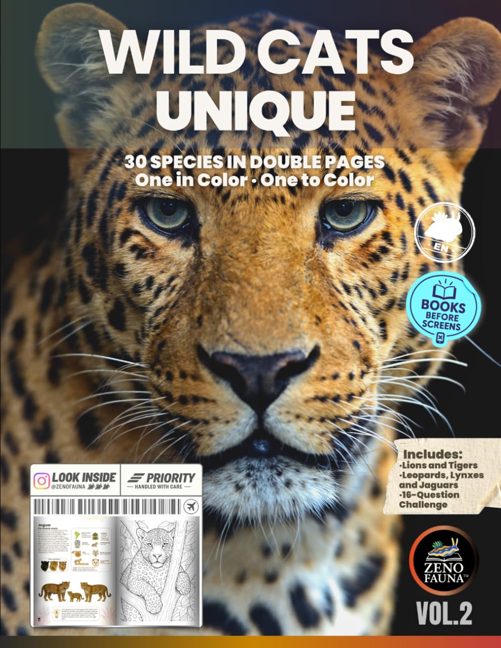 WILD CATS – UNIQUE: Educational Illustrated Book with 30 Species in Double Pages – One in Color, One to Color – Ideal for Kids, Teens, and Curious Families (Unique Animals)