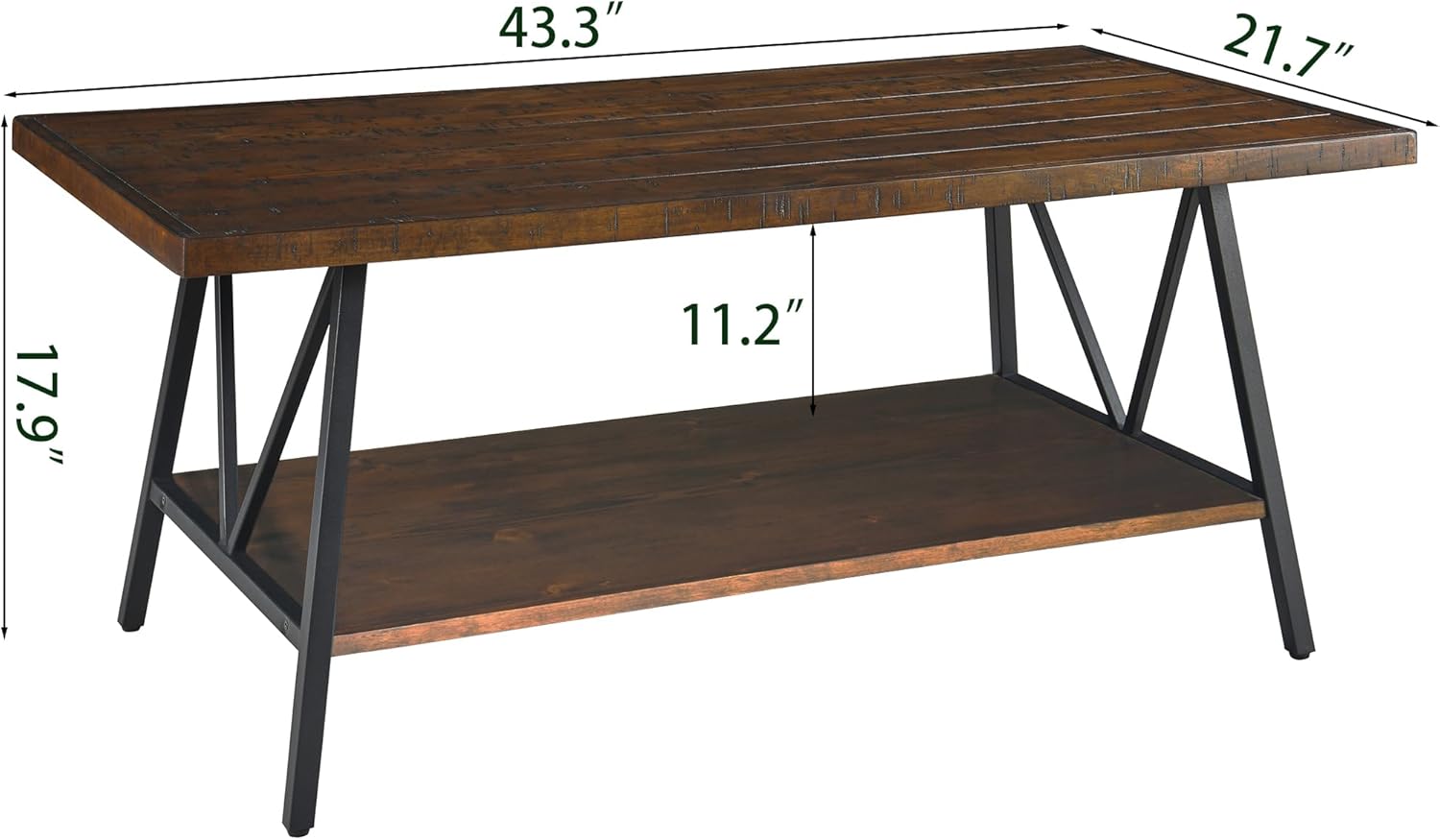 2-Tier Rectangle Solid Wood Coffee Table, Industrial Cocktail Table with 2-Tier Storage Shelf for Living Room Office Apartment - Black Metal Frame & Dark Walnut Pine, 43.3"L x 21.7"W x 17.9"H