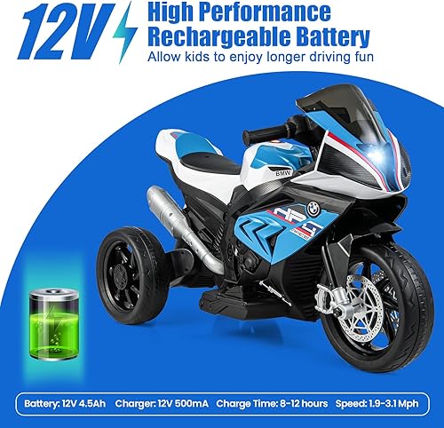 Miniatura 5 de HONEY JOY Motocicleta infantil de 12 V vehículo eléctrico con batería BMW para niños faros bocina música pedal de pie motocicleta de 3 ruedas regalo
