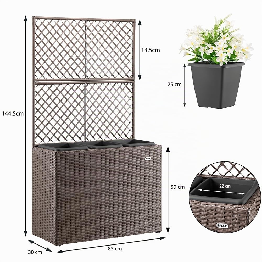 BAKAJI Fioriera da esterno con spalliera in polyrattan, 3 Vasi Removibili Contenitori per Piante, Traliccio da Esterno con grigliato ideale x Giardino, Balcone, Terrazzo, Pianta Rampicante (Marrone)