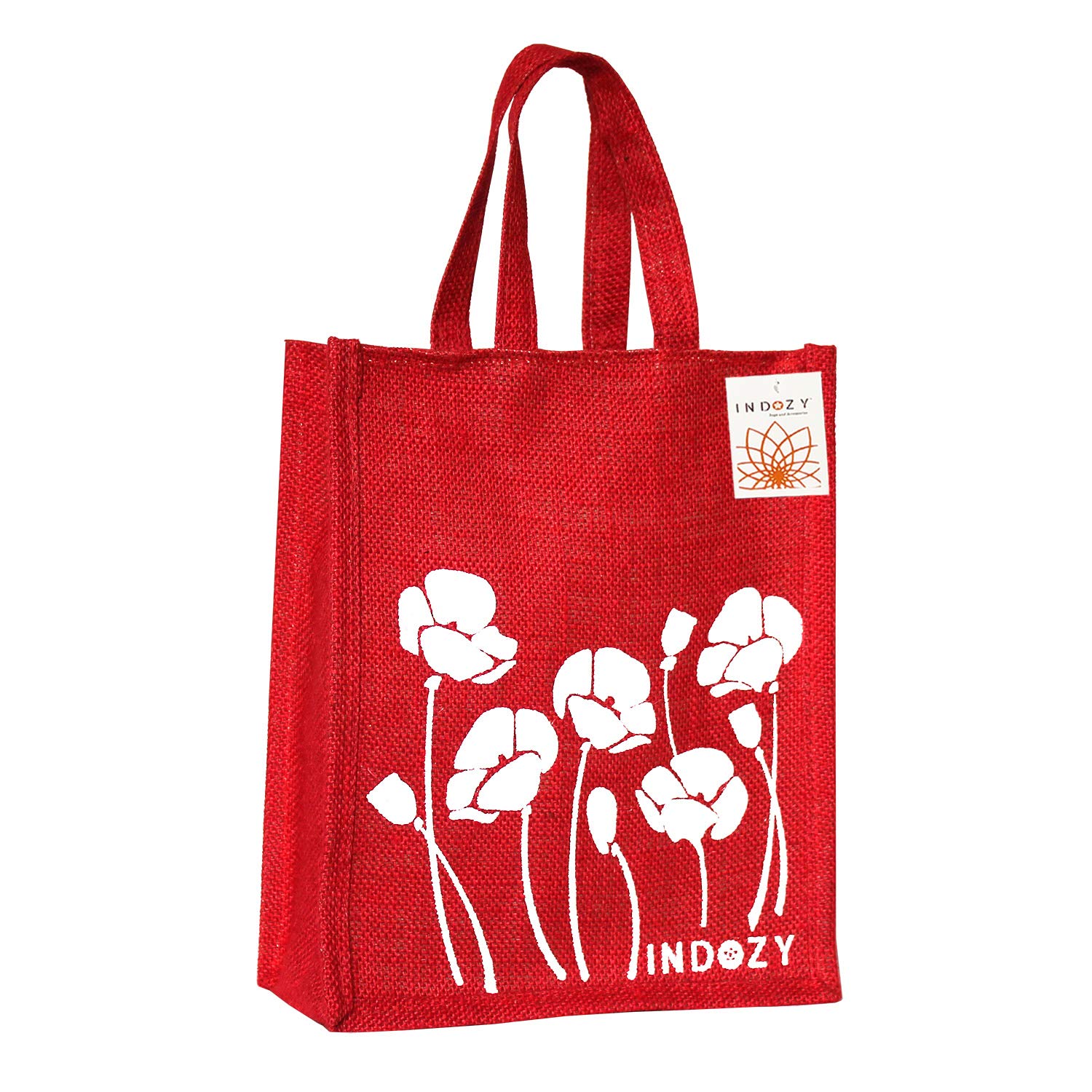 INDOZY Jute Lunch Tiffin Carry Bag with Zip Pocket n Bottle Holder Medium Size 10x12x5 inch Reusable tote for Women Men Office Printed Tulip (Cherry red)