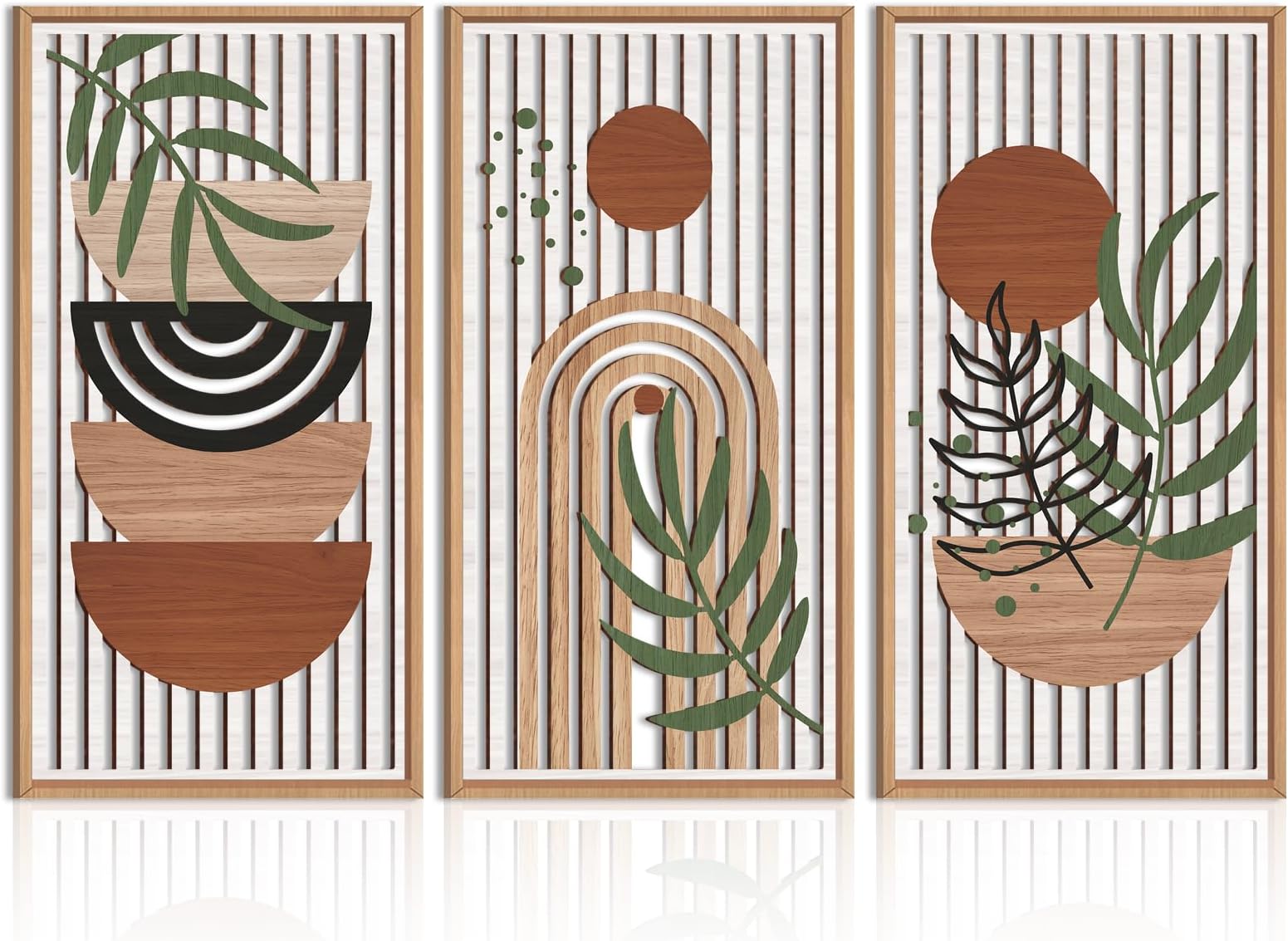 IARTTOP Large Boho Wood Wall Art Framed 16x32 Inch Mid century Modern Wooden Wall Decor Abstract Bohemian Minimalist Art Decor for Bedroom Living Room Office Set of 3