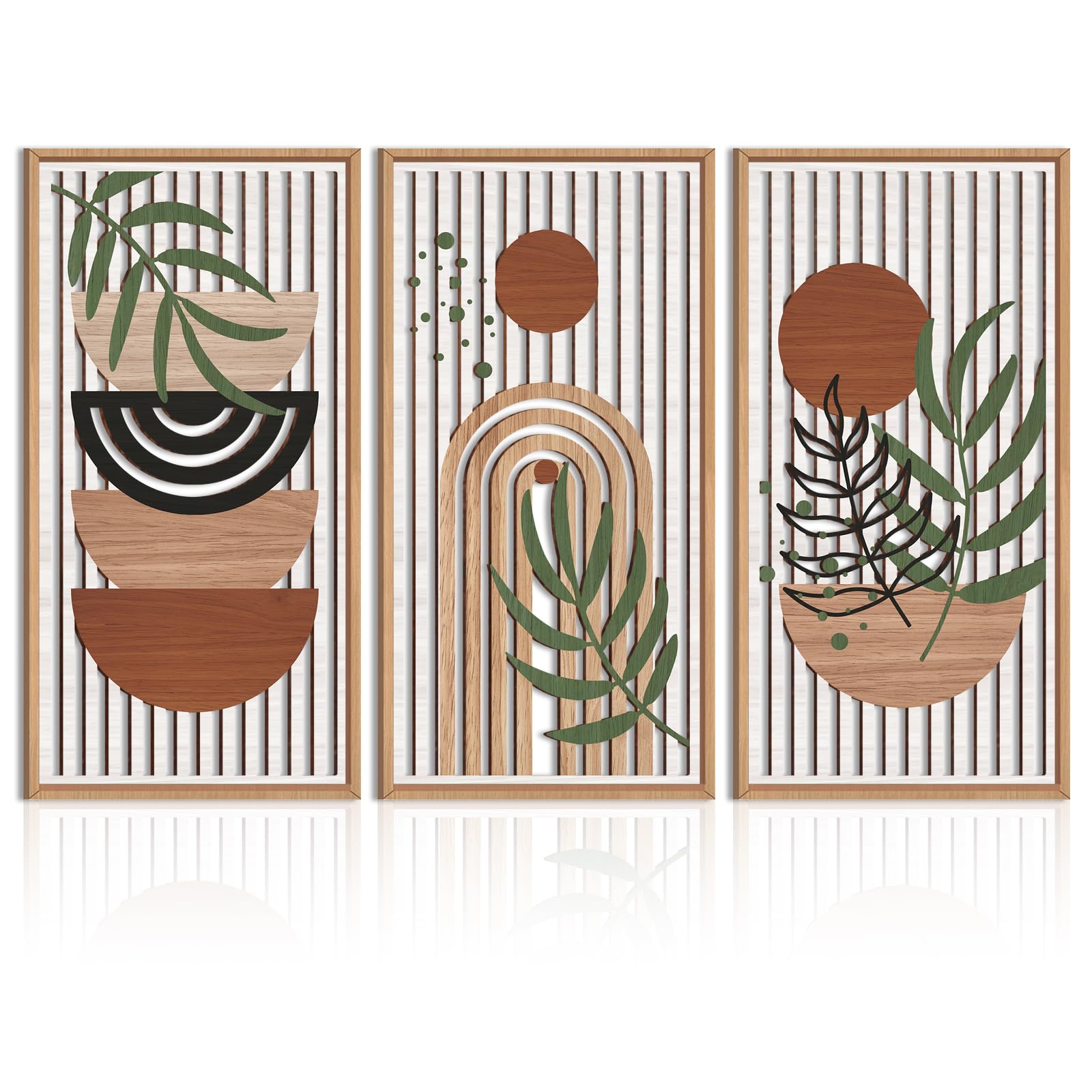 IARTTOP Large Boho Wood Wall Art Framed 16x32 Inch Mid century Modern Wooden Wall Decor Abstract Bohemian Minimalist Art Decor for Bedroom Living Room Office Set of 3