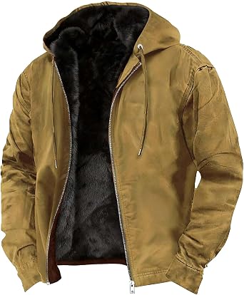 Fleece Lined Jacket for Men Uk Sherpa Thermal Coats Fluffy Winter Warm Coat Military Combat Trucker Jacket Fuzzy Thick Hooded Drawstring Sweatshirt Casual Loose Soft Jackets Windproof Outerwear S-5XL
