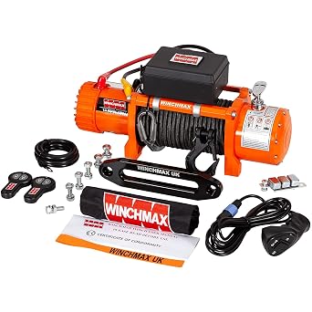WINCHMAX 13,500lb 6,123kg Original Orange 12v Electric Winch. 25m x 10mm Armourline Synthetic Rope, 3/8 Inch Tactical Hook..
