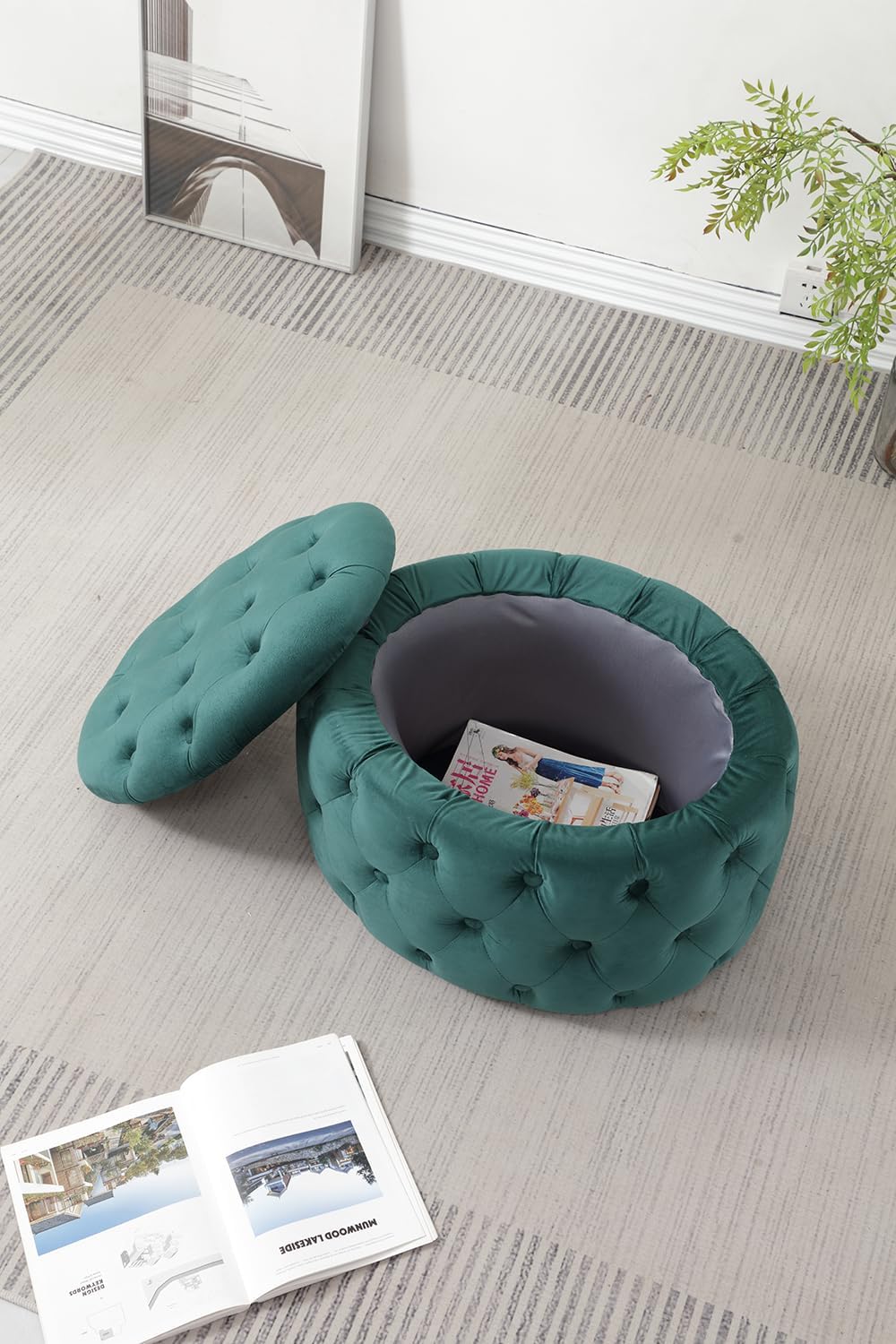 Oval Storage Ottoman with Button-Tufted Diamond Stitch, Upholstered Storage Bench with Lift Top, Multifunctional Footrest Stool for Living Room, Bedroom, Entryway (Blackish Green)