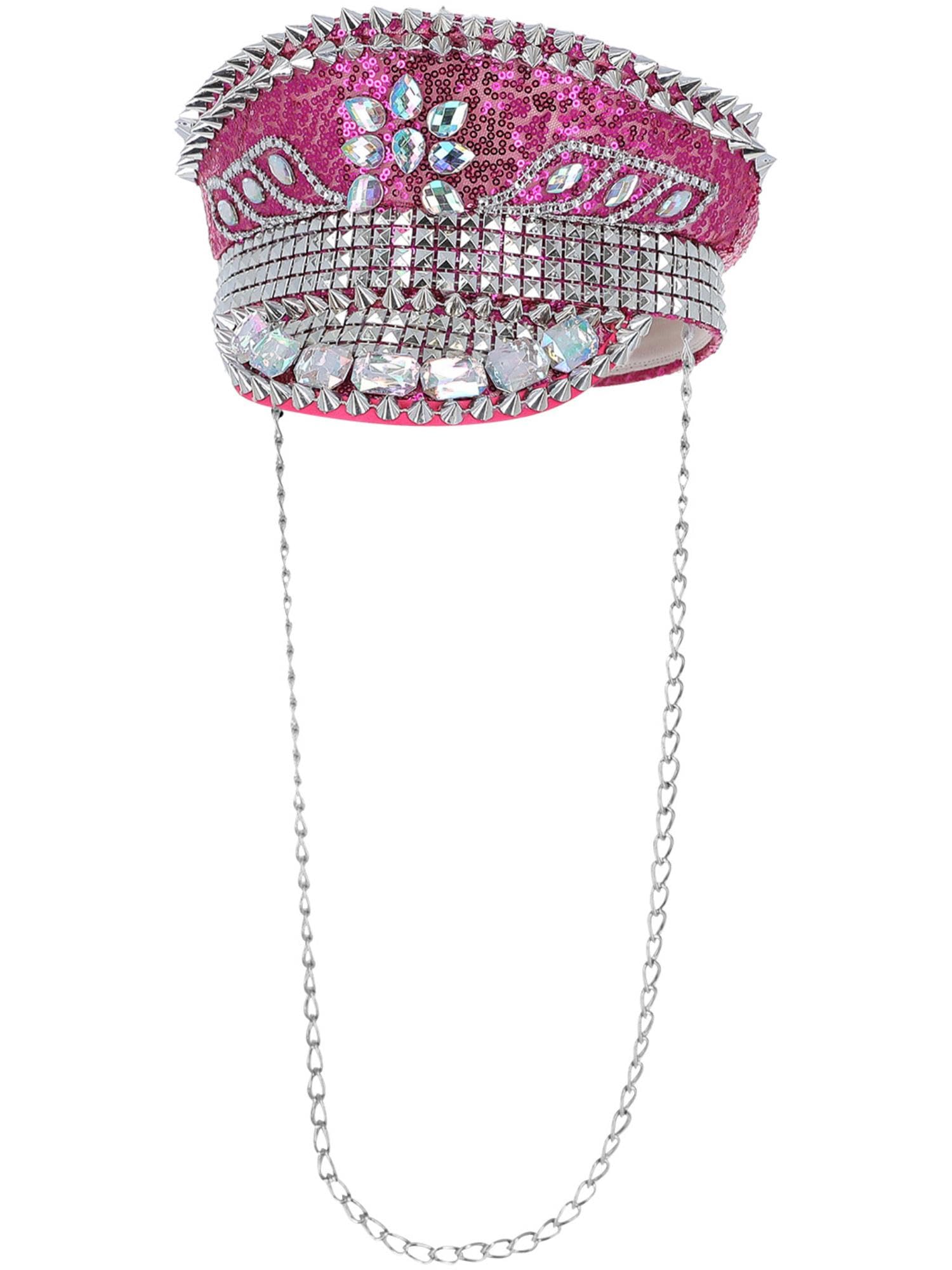 Smiffys Fever Deluxe Sequin Studded Captains Hat, Hot Pink with Chain, Fever Accessories Fancy Dress, Adult Dress Up Hats