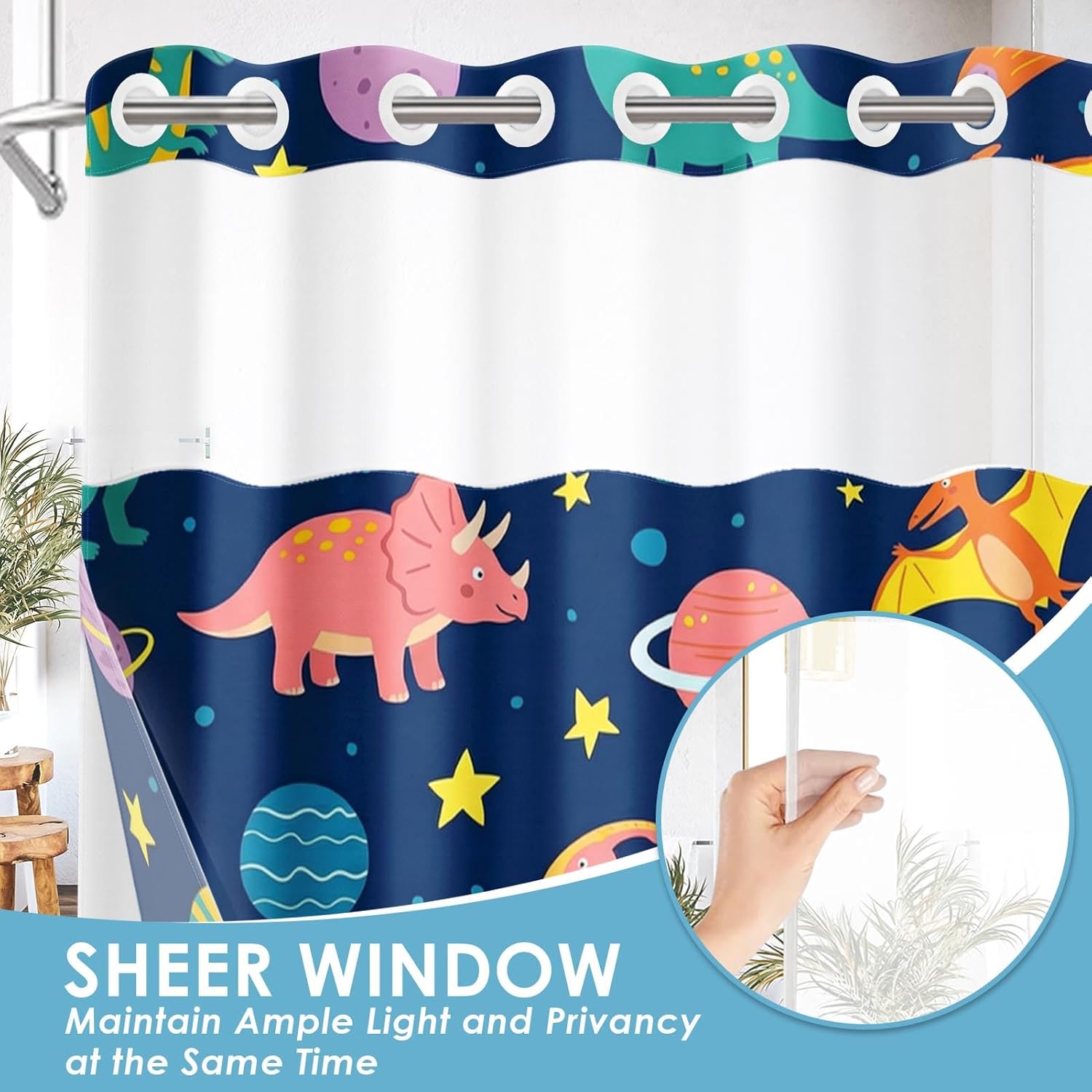 No Hook Funny Space Dinosaurs Shower Curtain with Snap in Fabric Liner Set, Waterproof with See Through Mesh Top Window, Cute Monster Kids Cartoon Bath Curtain 71x74 Inch