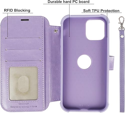 Miniatura 3 de VANAVAGY Funda tipo cartera compatible con iPhone 13 Mini para MagSafe, funda de piel con tapa RFID con soporte para muñeca, carga inalámbrica con