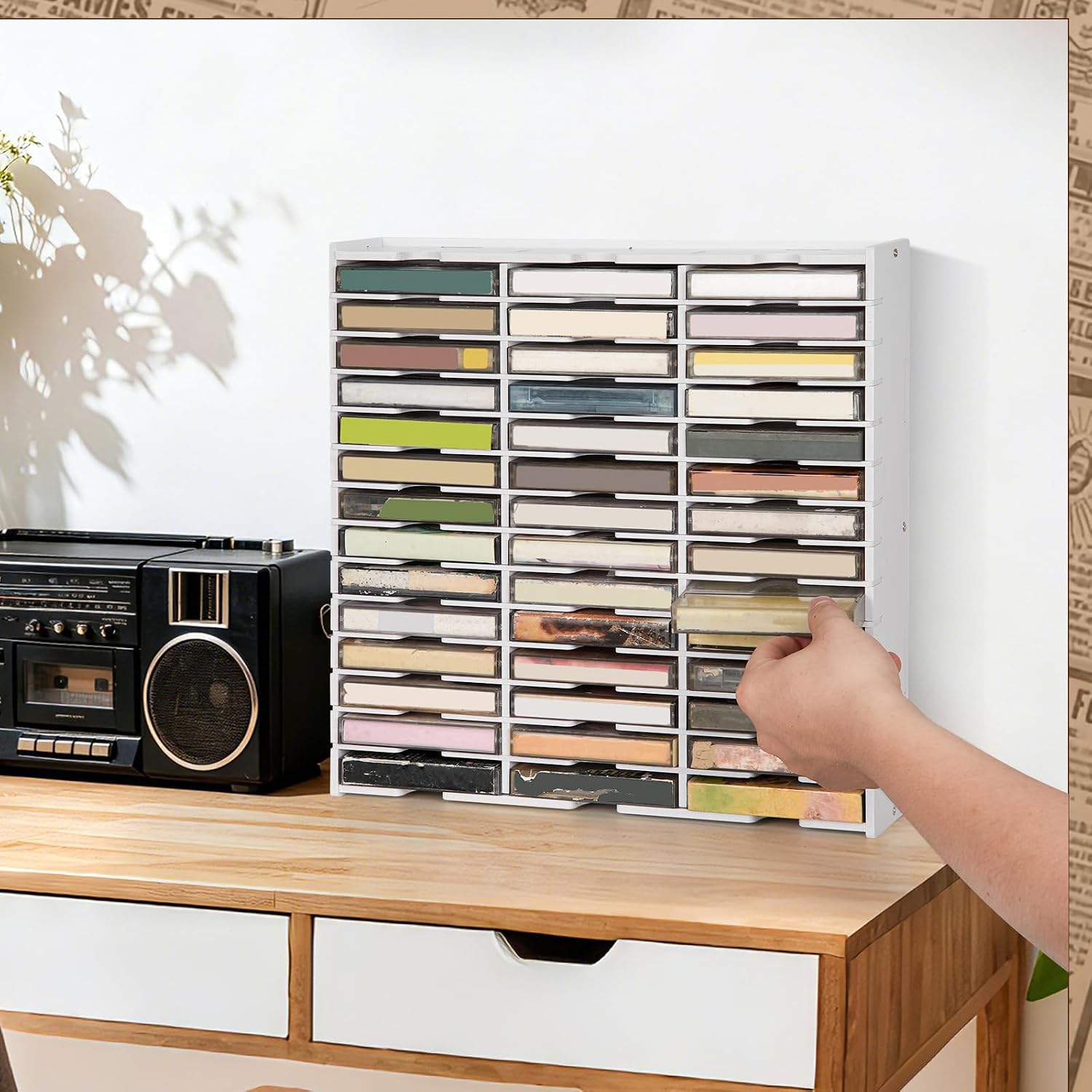 42-Slot Cassette Tape Storage Organizer Rack, Wall Mount Cassette Tape Holder, Audio Cassettes Display Shelf, Ideal Gift for Cassette Collectors