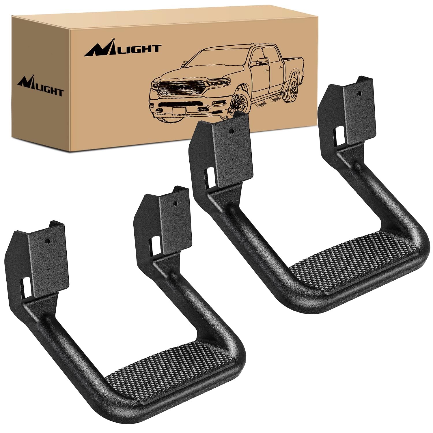 Nilight Universal Side Step Slip-Proof Aluminum Side Hoop Steps Nerf Bars Assembly Black 2 Pcs (1 Pair) for Chevy (Chevrolet) Ford Toyota GMC Dodge RAM 2Pcs Side Step Universal