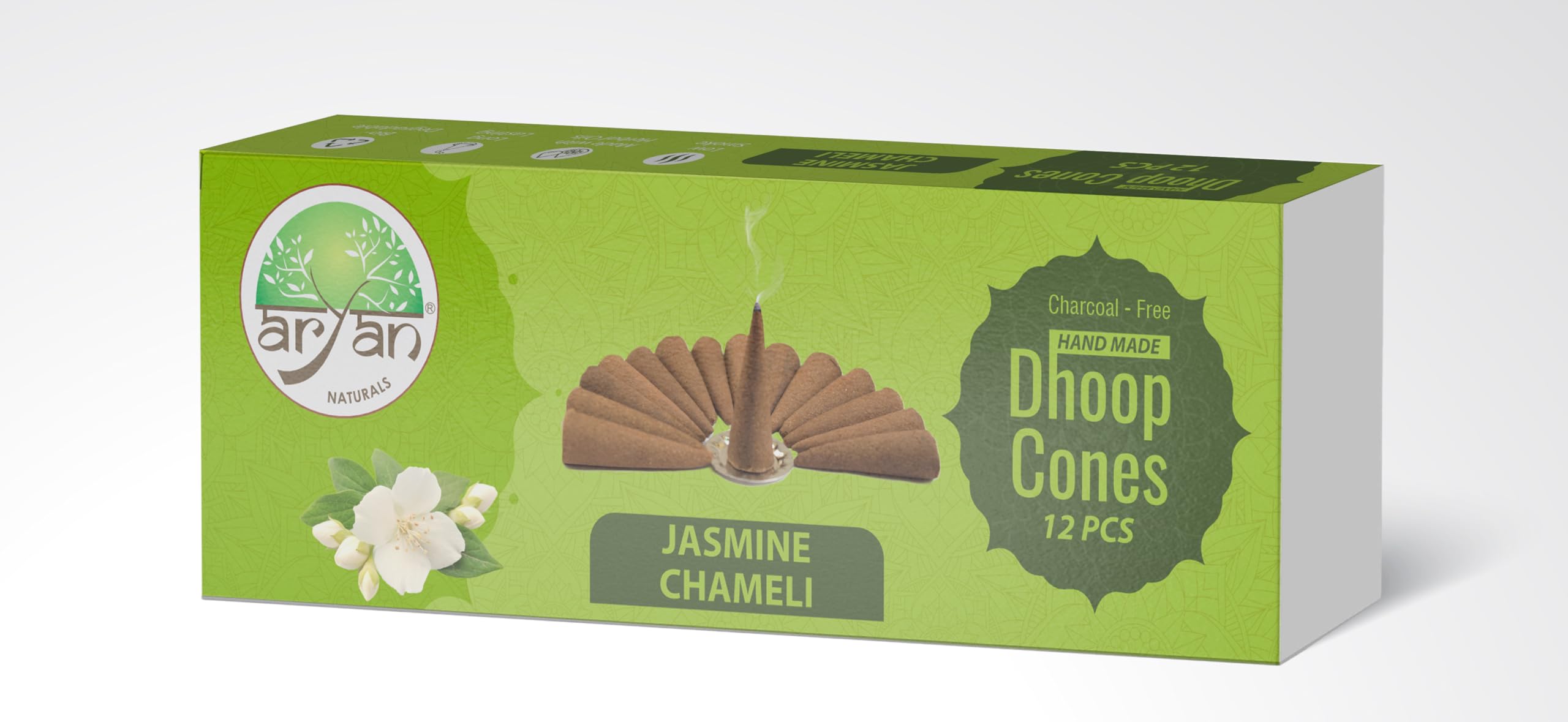 Aryan Herbals Handmade Incense Cones, Low Smoke, Made from Herbals Oils, No Charcoal, Long Lasting, Biodegradable- Best for Puja, Meditation & Aroma Therapy (Pack of 12 (144 Cones), Jasmine)