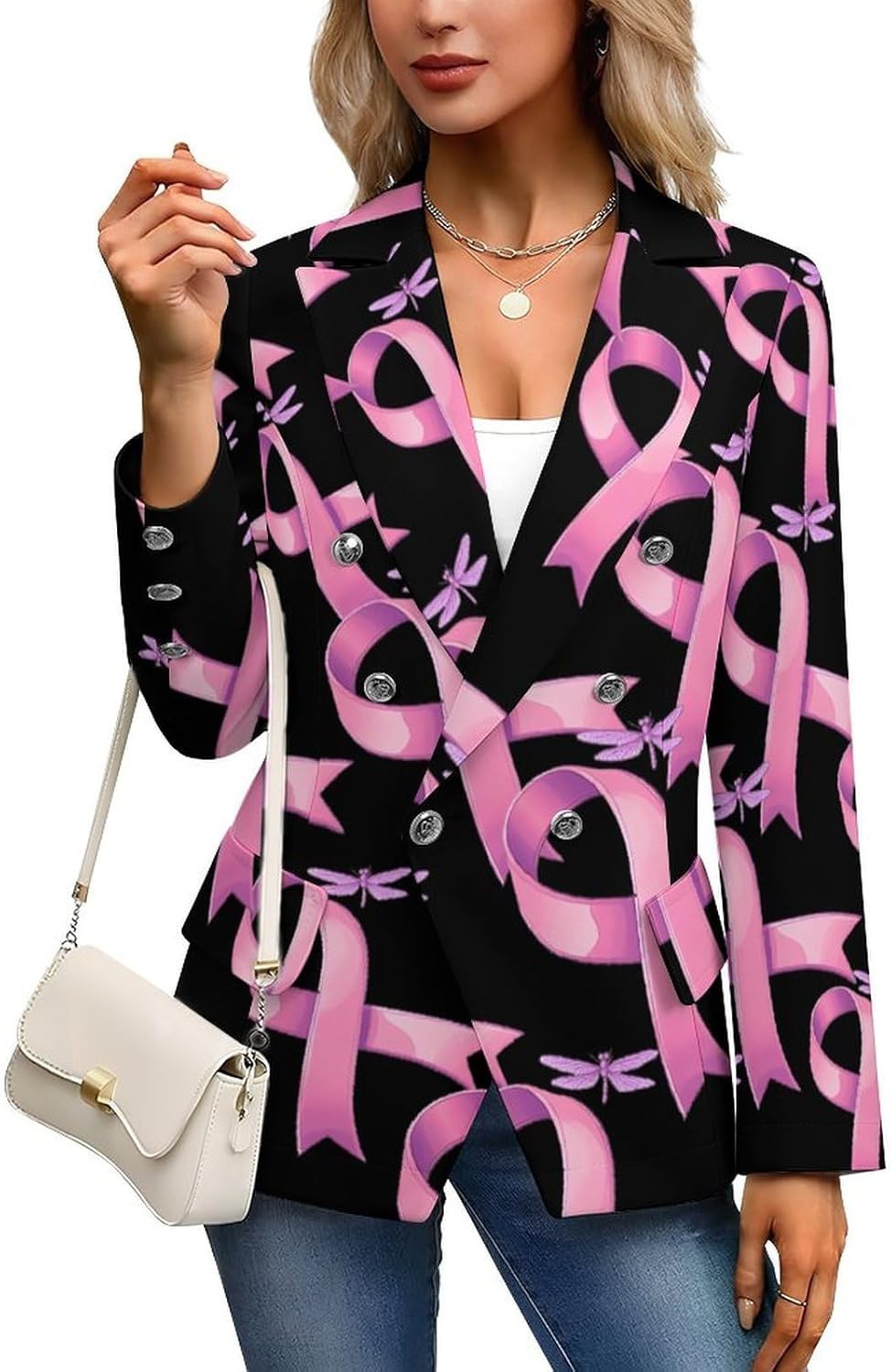 Breast Cancer Awareness Ribbon Dragonfly Women's Blazer Long Sleeve Suits Business Casual Blazers Jackets Lapel Open Front Suit
