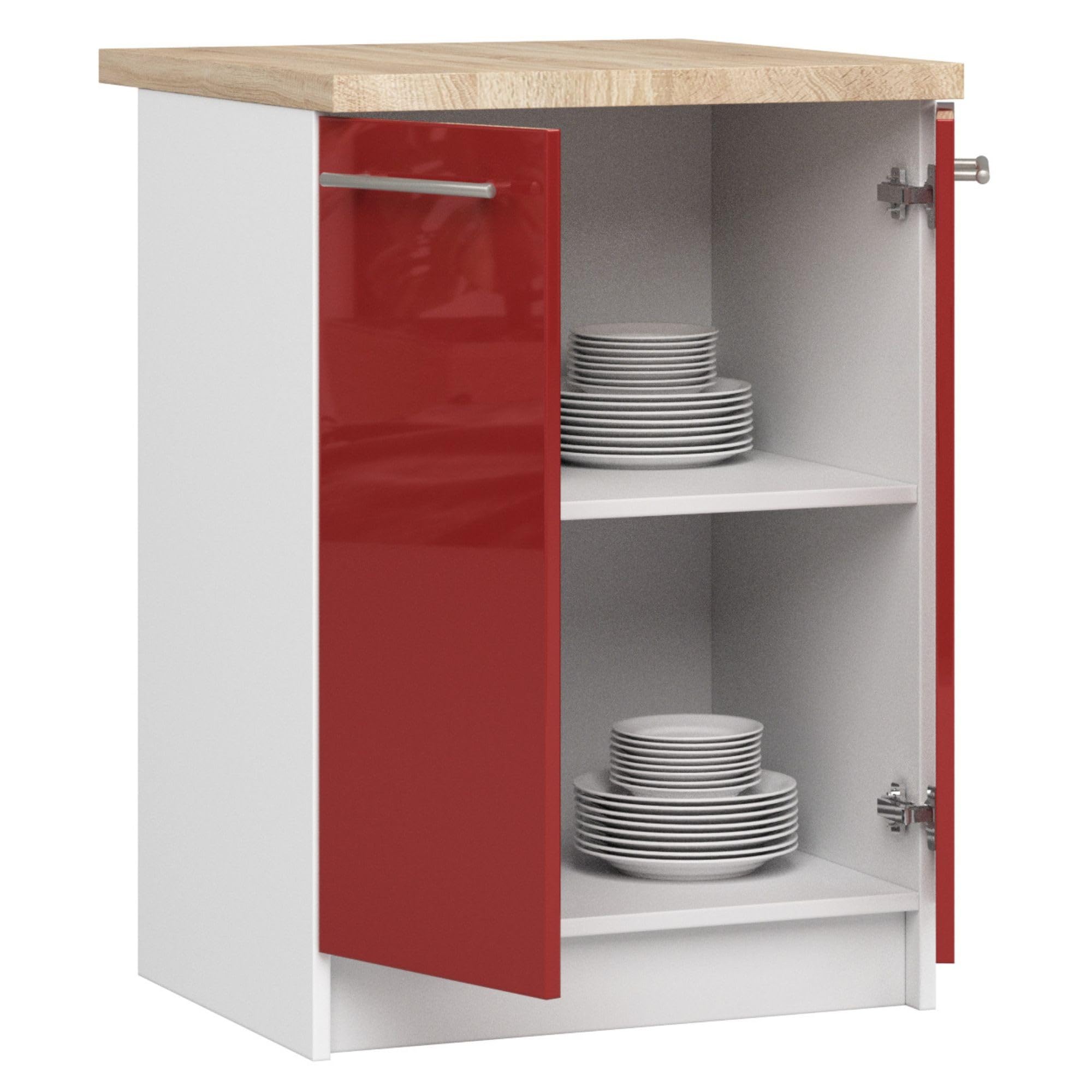 AKORD | Küchenschrank mit Arbeitsplatte - Oliwia S60 | Küchenunterschrank mit 2 Türen und 2 Einlegeböden | Unterschrank Küche 60 cm Breit | ABS-Kante 18 mm | 46 x 60 x 85 cm | Weiß & Rot Glanz