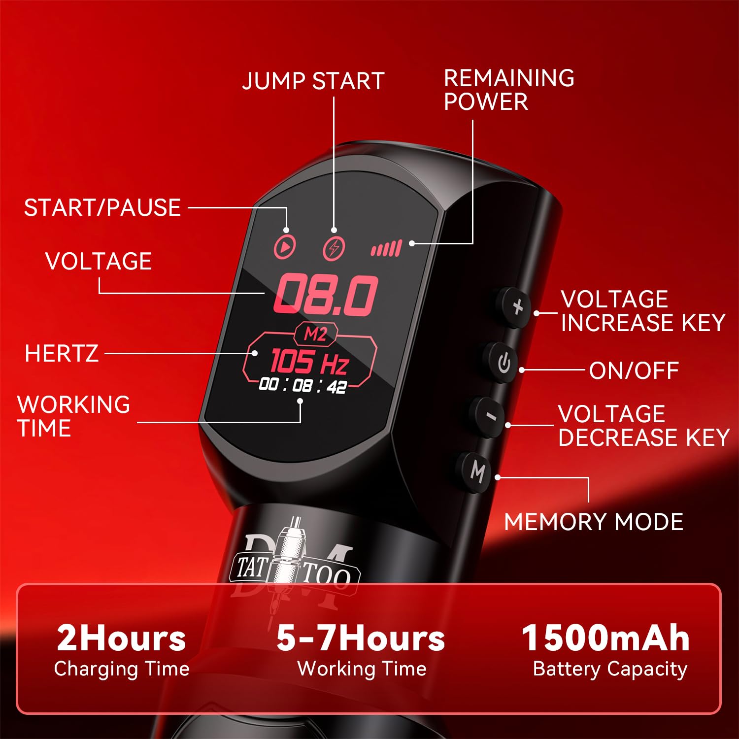 Tattoo Gun Wireless Tattoo Machine Multi-function Tattoo Pen1,500mAh Battery with Smart Display, 3 Working Modes, 7 Strokes Length for Artists