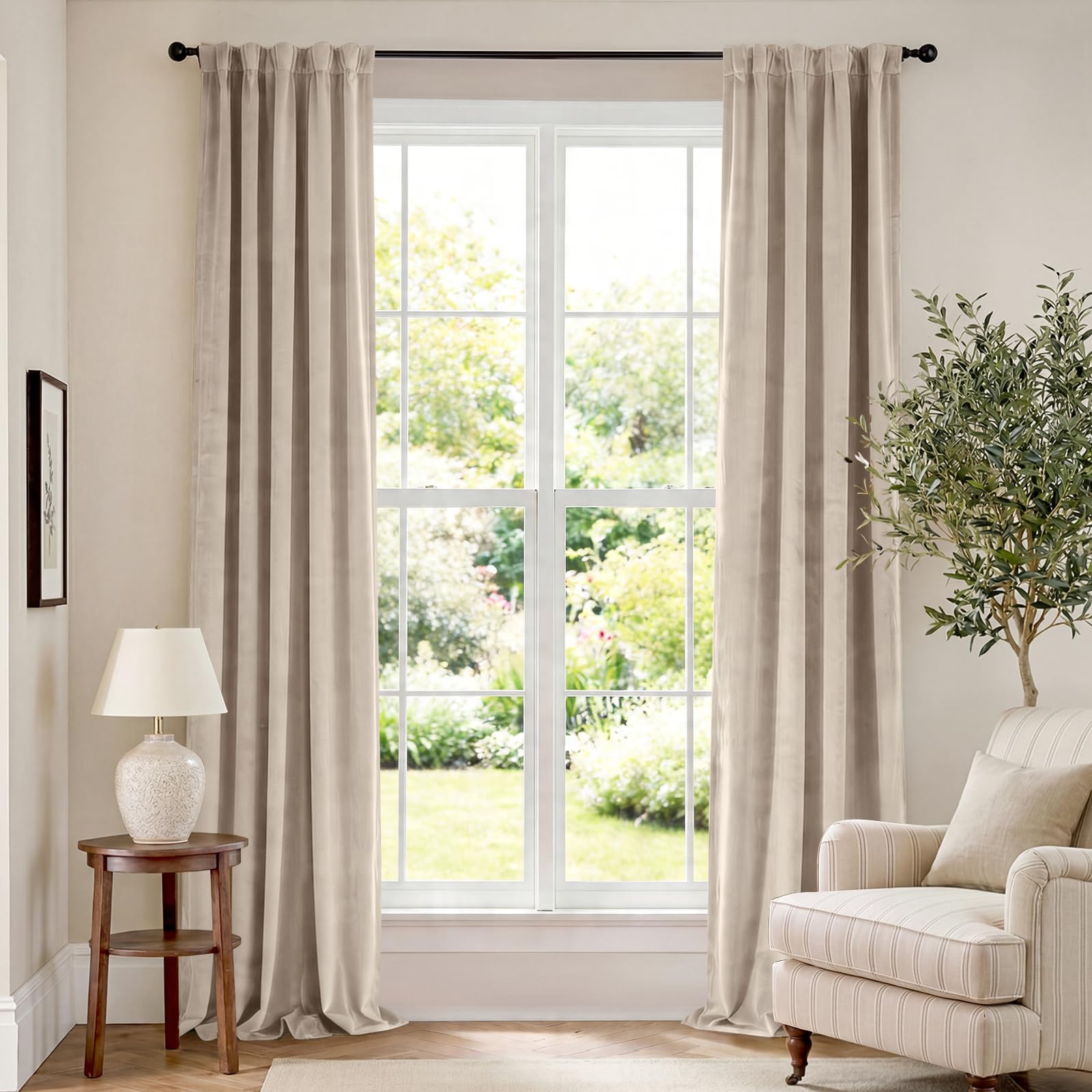 Lazzzy Velvet Blackout Extra Long Curtains Thermal Insulated Room Window Drapes Super Soft Luxury Curtains for Living Room Bedroom Rod Pocket 2 Panels, Beige, 42" W x 108" L — image 1