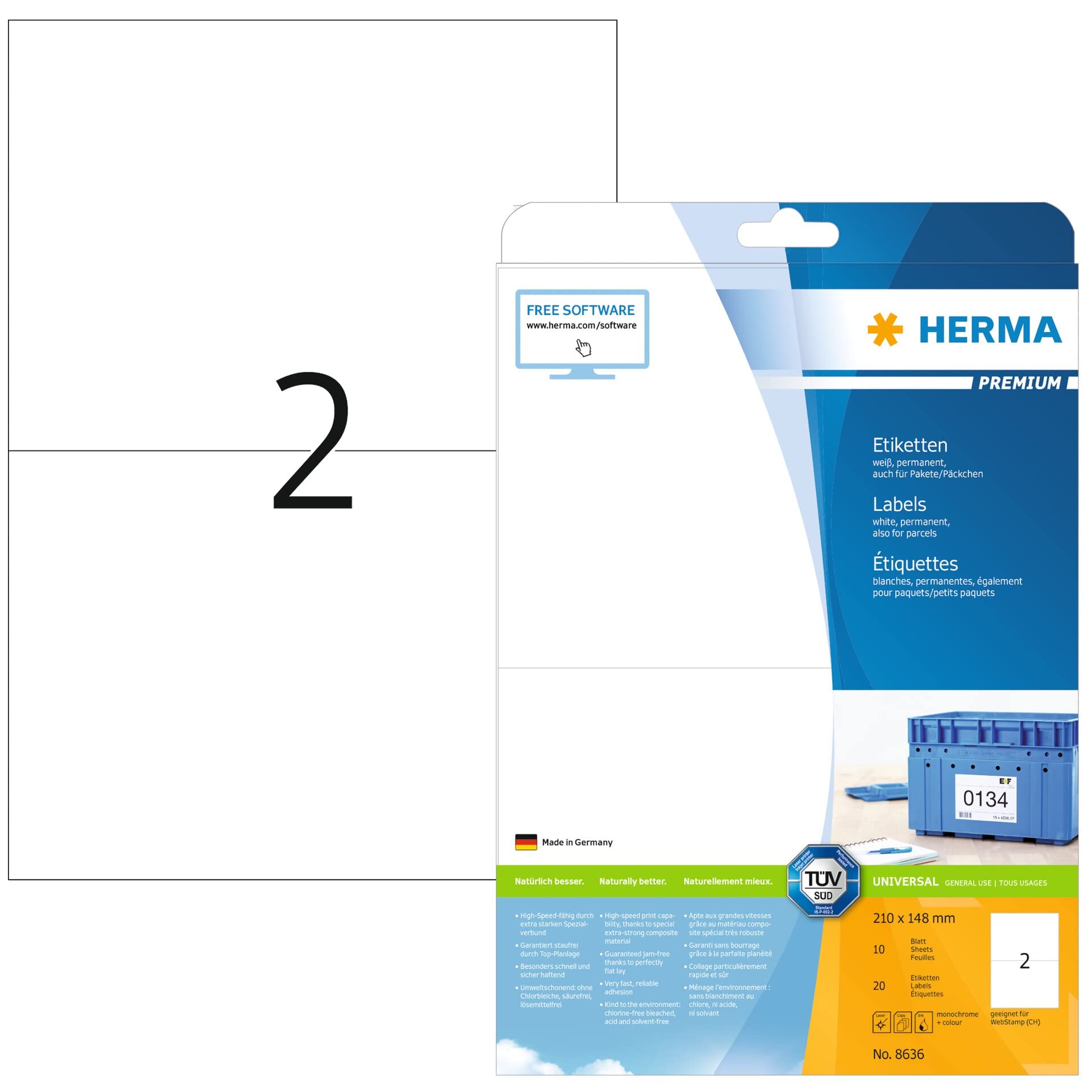 HERMA Self Adhesive Shipping Labels, 2 Labels per A4 Sheet, 10 Sheets, 210 x 148 mm, 20 Labels, Blank Parcel Labels Stickers, Sticky Labels for Laser & Inkjet Printer, White
