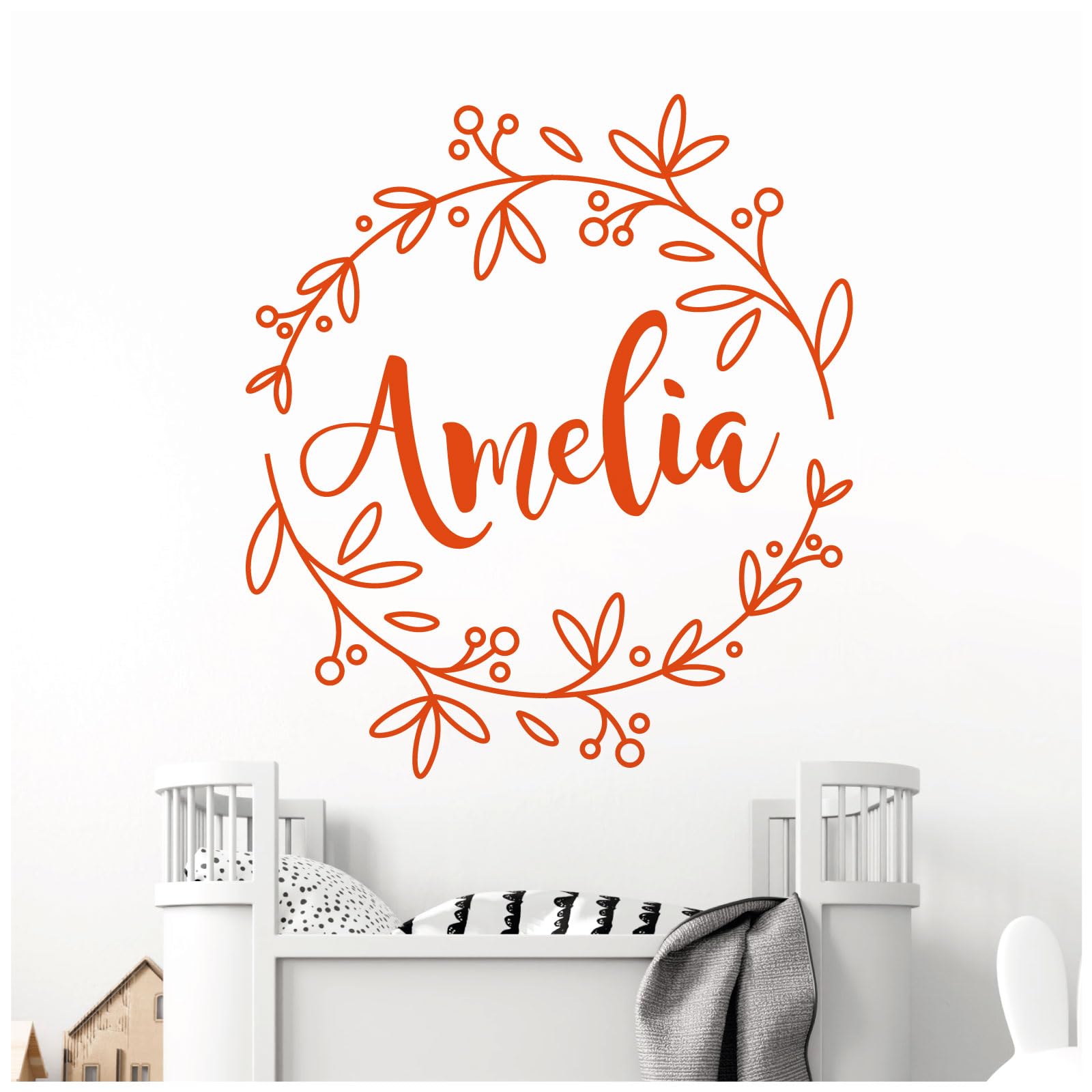 Personalised Name - Floral Wreath - Nursery Vinyl Wall Decal Sticker [Medium] [Orange]
