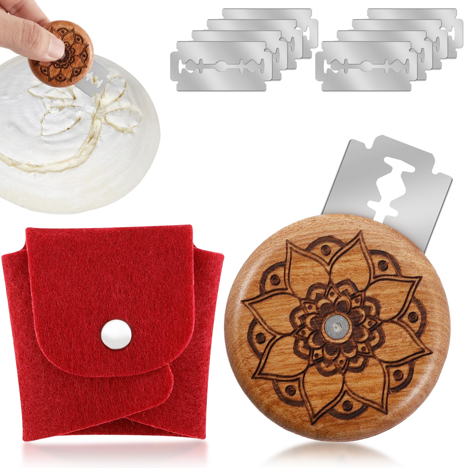 Bread Scoring Tool, Portable Best Bread Lame Cutter Wooden Bread Lame Slashing Tool with 10 Stainless Steel Blades and 1 Red Felt Bag Handmade Bread Scoring Dough Cutter Tool for Sourdough Bread