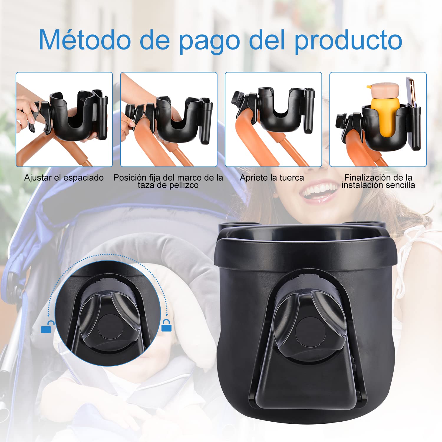 supregear Soporte Universal 2 en 1 para Taza y Teléfono, Rotación 360° Compatible con Taza de Padre, Botella de Agua, Cochecito, Andador y Bicicleta, Negro Sin Herramientas