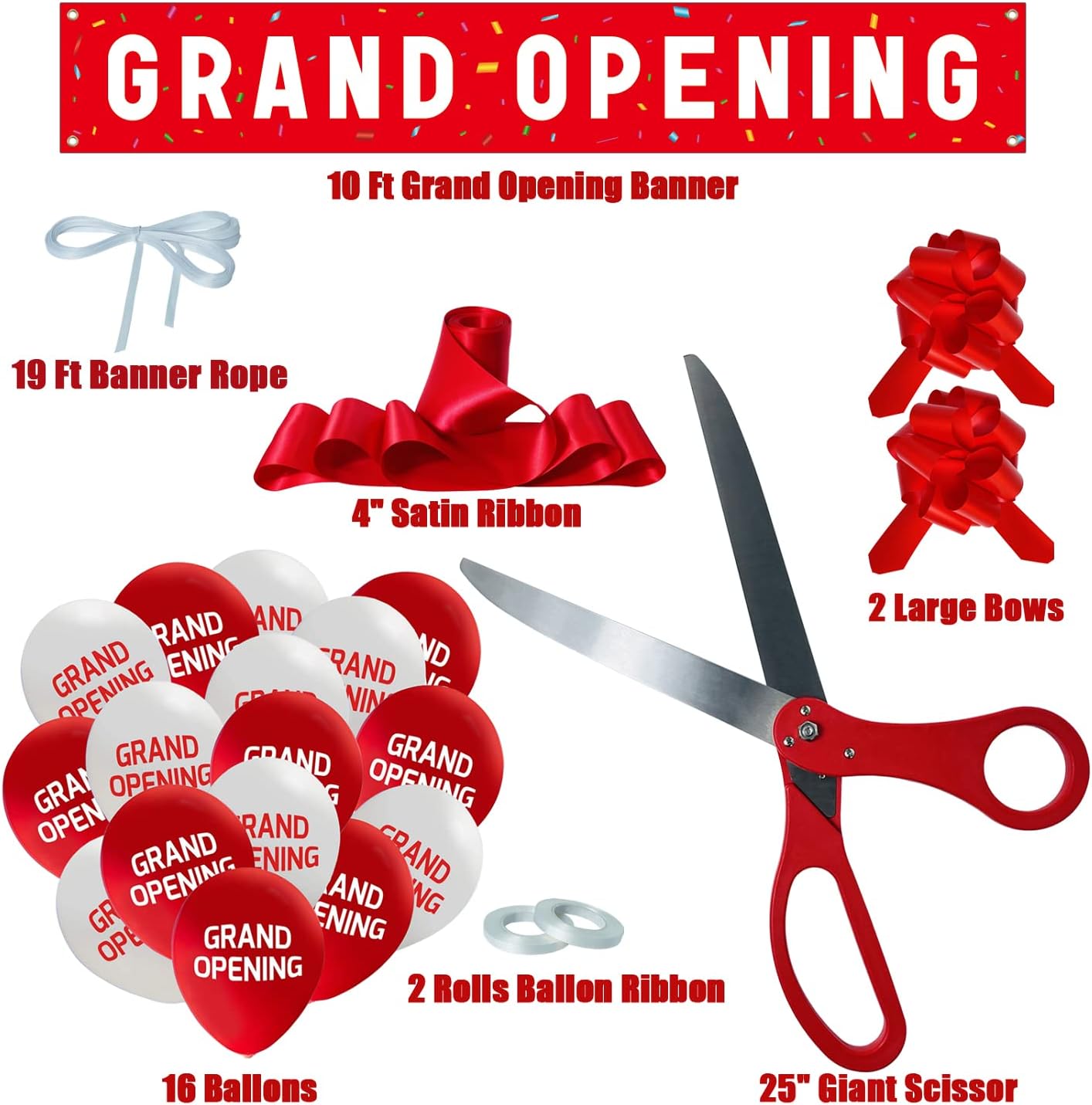 Grand Opening Red Ribbon Cutting Ceremony Kit - 25" Giant Scissors with Red Satin Ribbon, Banner, Balloons,Bows and More Supplies Grand Opening Decorations for Business