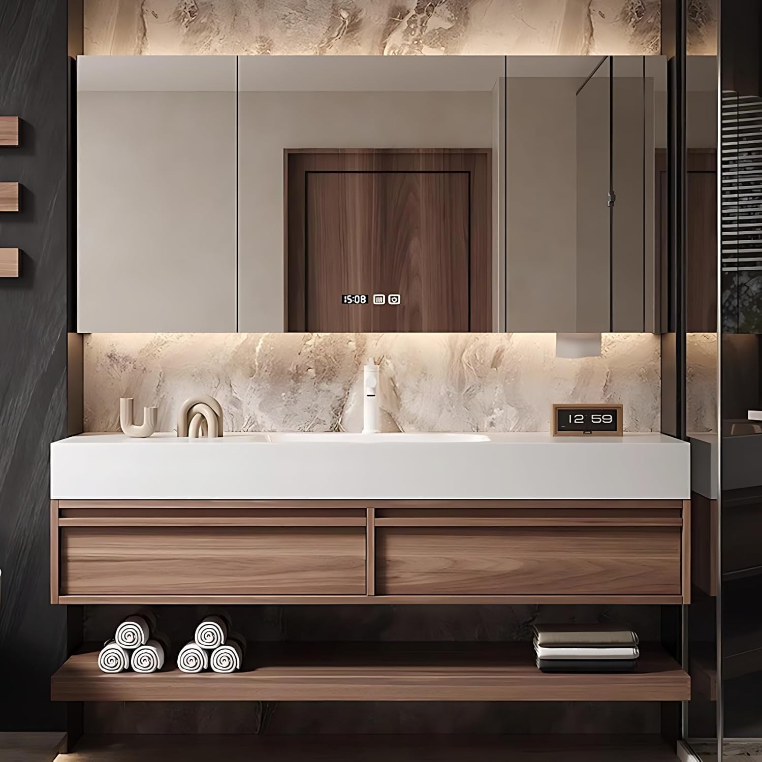 Modern Bathroom Vanity with Sink - Floating Bathroom Vanity with Smart LED Defog Mirror Medicine Cabinet, Solid Wood Bathroom Sink Cabinet with 2 Drawers (36IN)