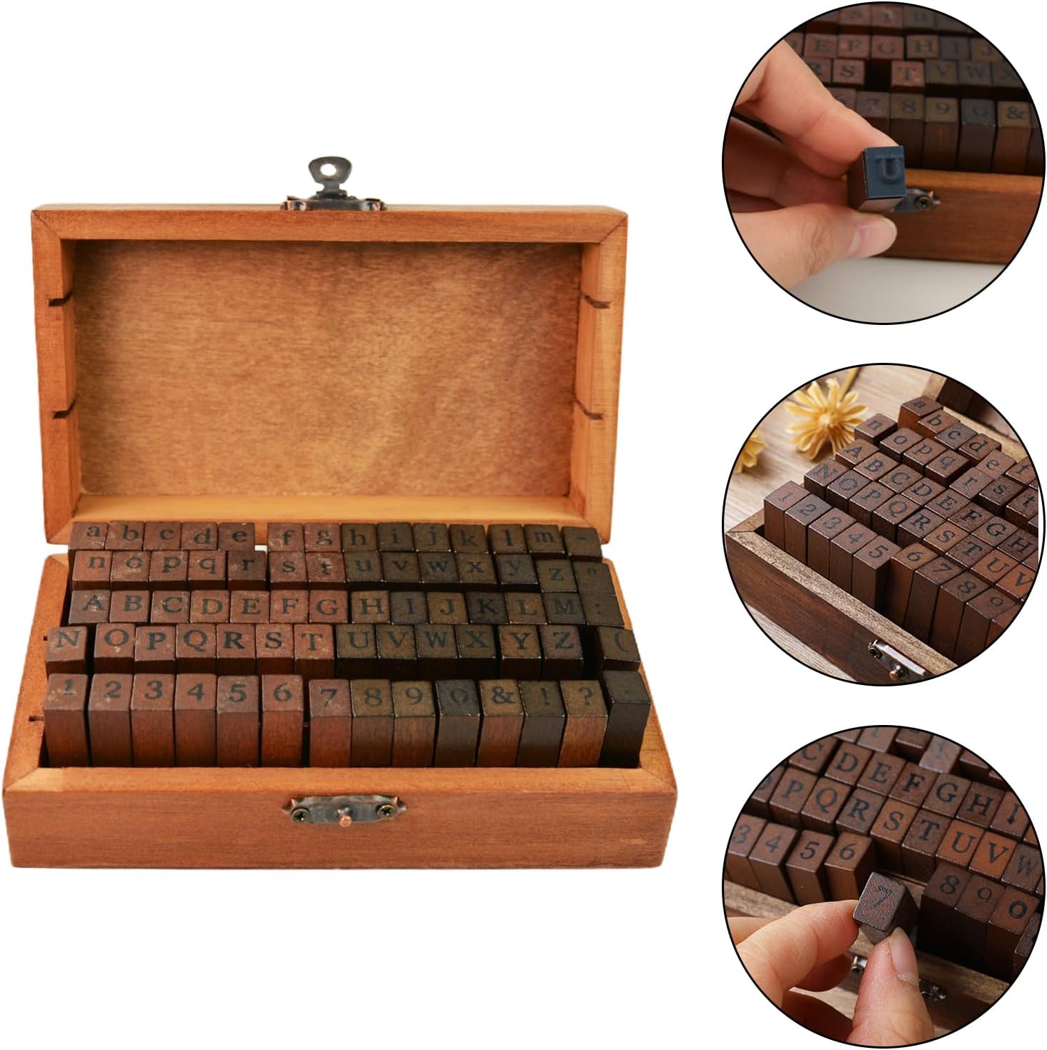 70Pcs Wood Letter Rubber Stamps, Vintage Capital Upper Lower Case Number Stamps Set with Wooden Box, Alphabet Stamper Seal Set for DIY Planner/Scrapbook/Card Making/Clay Crafts