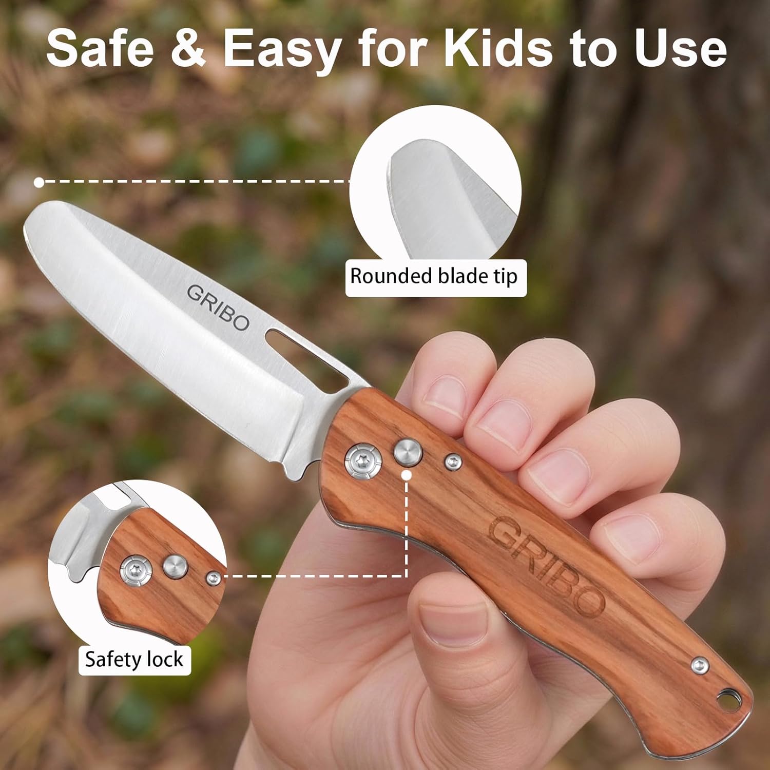 Gribo Kids Pocket Knife for Beginners, Safe Folding Knife with Safety Lock & Rounded Tip, Olive Wood Handle, Outdoor Camping & Food Prep, Whittling Knife for Kids, Includes Gloves & Leather Sheath