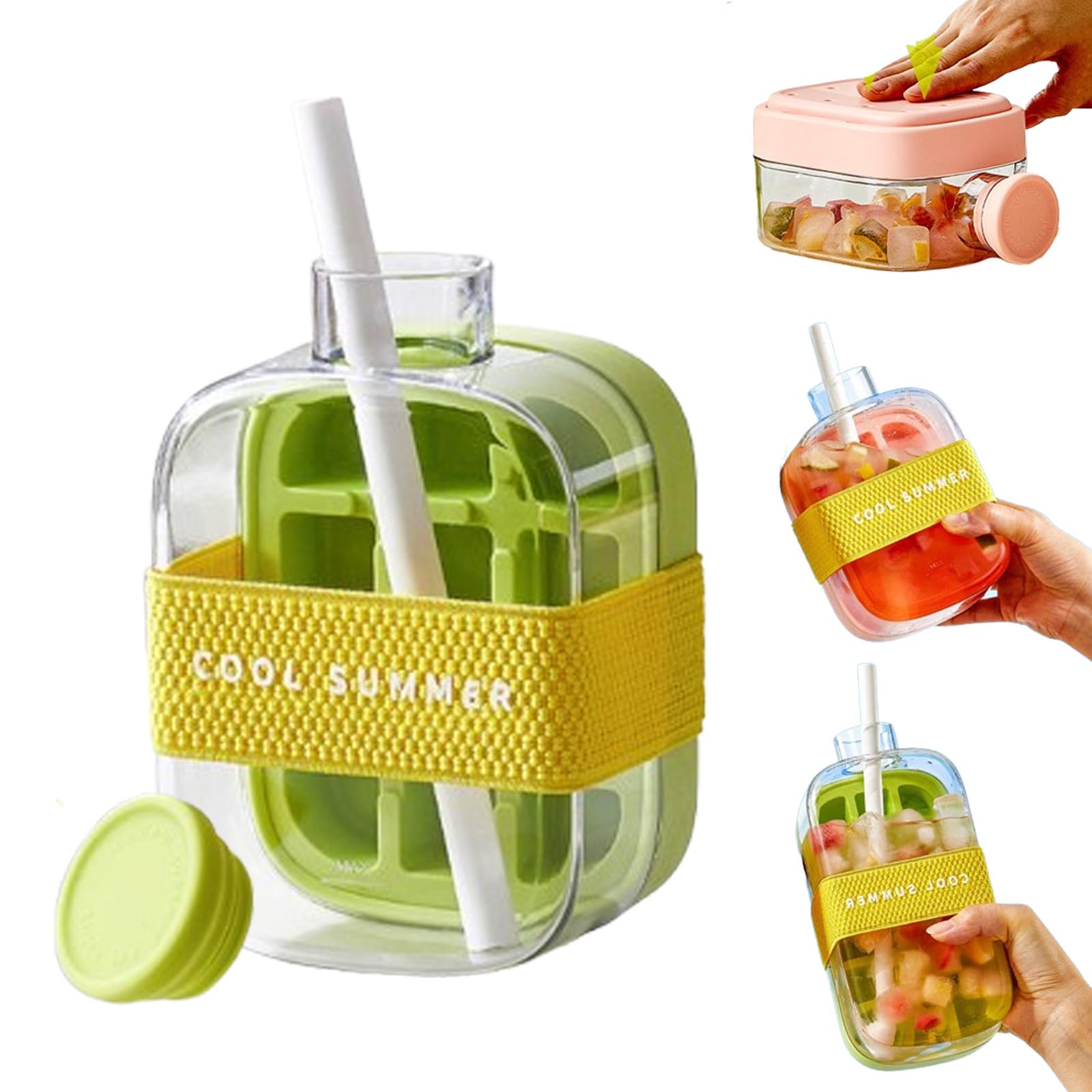 500/800ml My Crush Cup Ice Making Cup with Straw, 2 in 1 Water Bottle Ice Cube Tray, Zero Touch Press Ice Cube Mold (Green, 500ml)