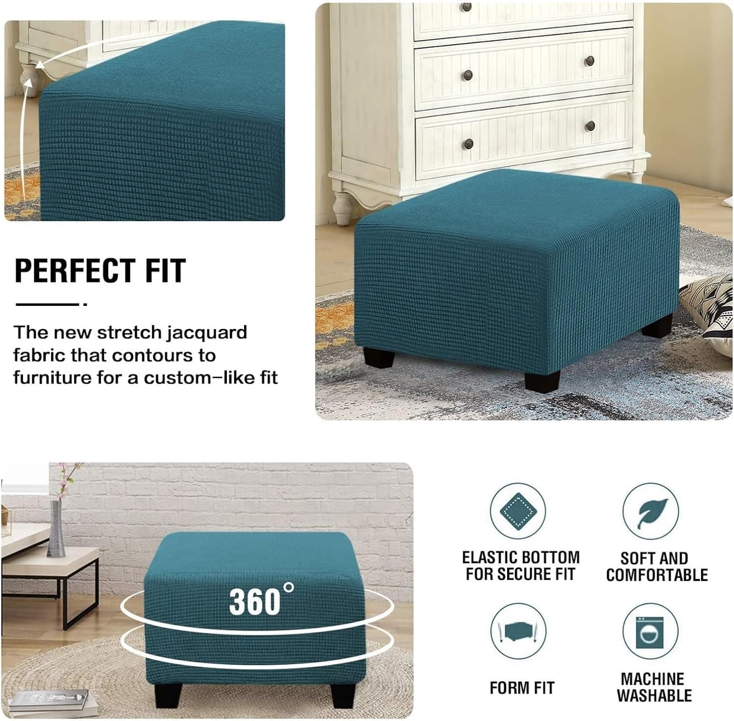 Stretch Square Ottoman Cover, Textured Footstool Slipcover Elastic Bottom (39x39in/100x100cm)