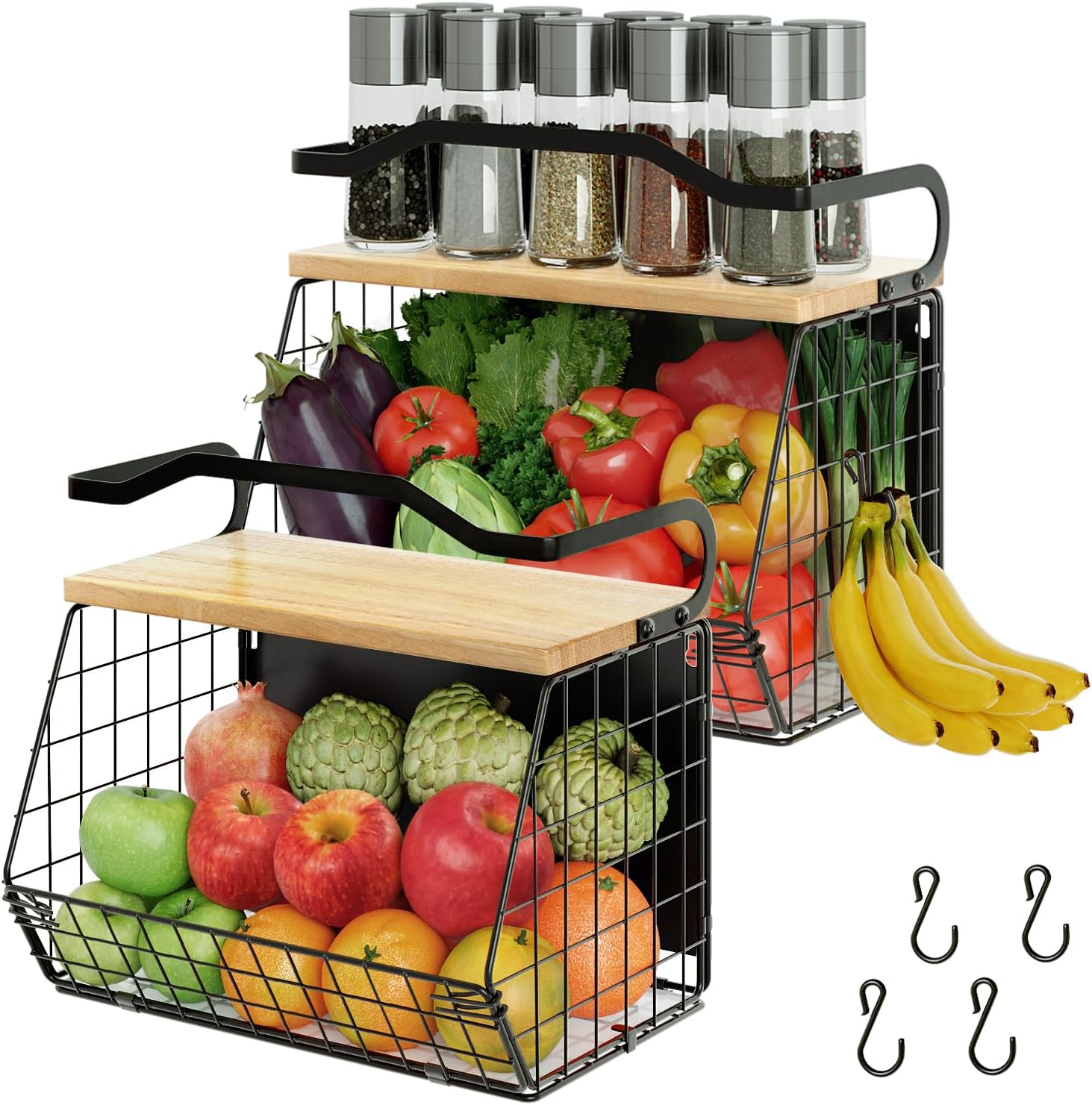 Magnetic Shelf for Fridge with Wood Lid, Fruit Potato and Onion Storage Bins, Magnetic Spice Rack for Refrigerator Large Container Wire Basket for Refrigerator, Kitchen Counter, Cabinet