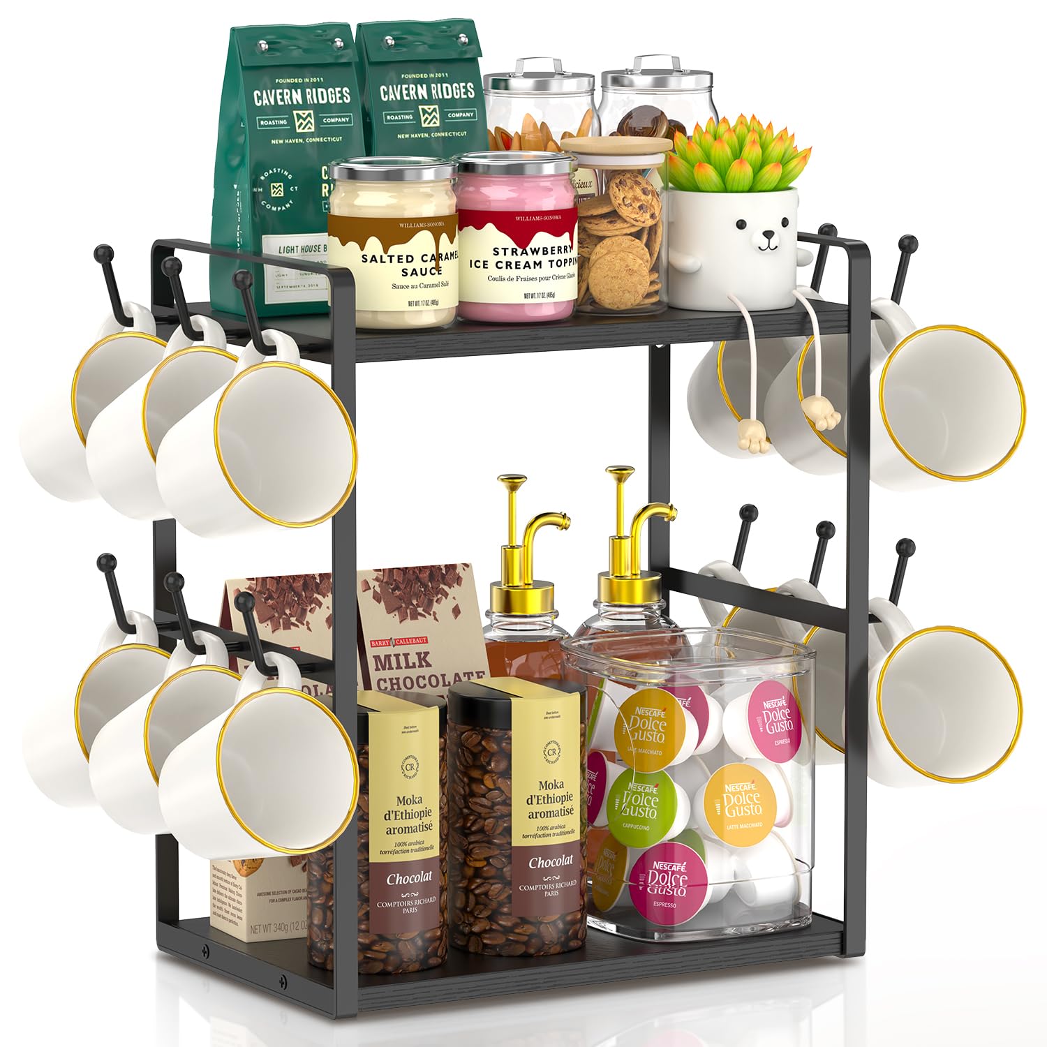 EsLuker.ly 2 Tier Coffee Mug Holder Station Bar Organizer Countertop, Mug Cup Tree Rack for Kitchen Office, Storage Shelf with 12 Hooks, Creat Stylish