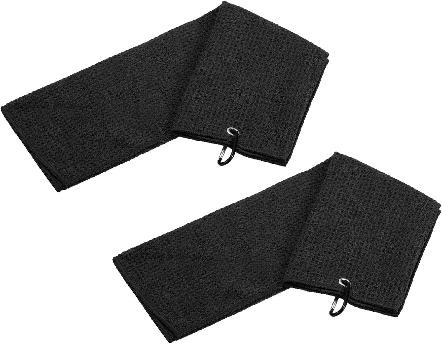 YOKIVE 2 Pcs Tri-Fold Golf Towels, Golf Club Waffle Pattern Towels with D Clip for Golf Balls Lovers (Black, 24x16-Inch)