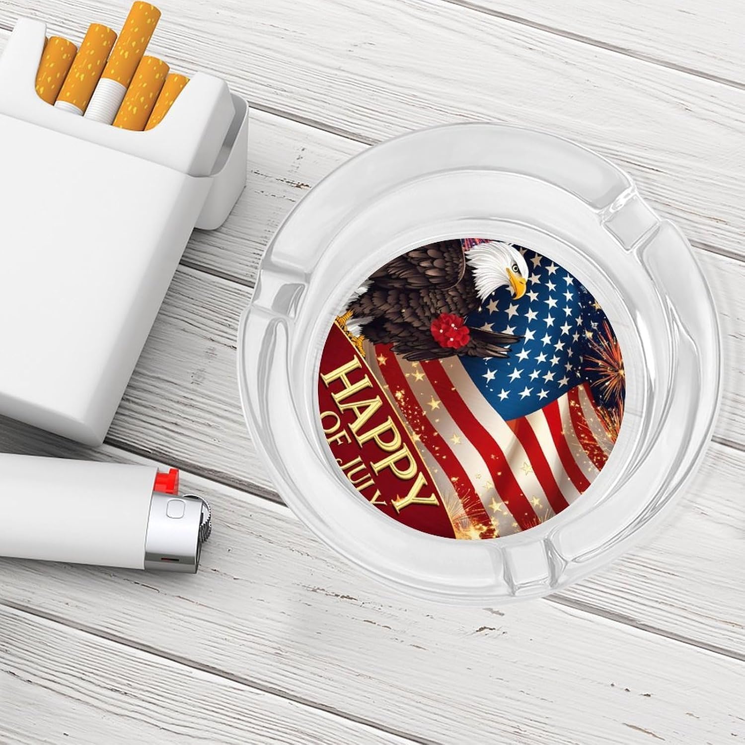 Fireworks Fourth of July U.S. Flag Round Glass Ashtray for Cigarettes Cigar Ash Tray Holder for Home Office Outdoor