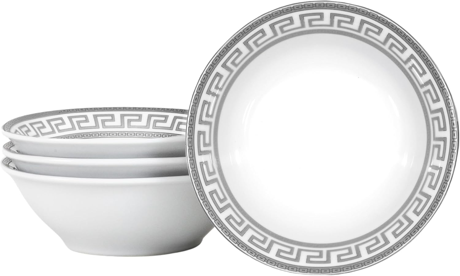 Luxurious Small Bowls 4 Piece - Vintage Porcelain Bowl Set - Silver Greek Key Design - 8 oz for Soup, Cereal, Snacks - Perfect for Wedding Registry and Apartment Essentials (Meander Silver CB4)