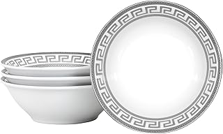 Luxurious Small Bowls 4 Piece - Vintage Porcelain Bowl Set - Silver Greek Key Design - 8 oz for Soup, Cereal, Snacks - Perfect for Wedding Registry and Apartment Essentials (Meander Silver CB4)