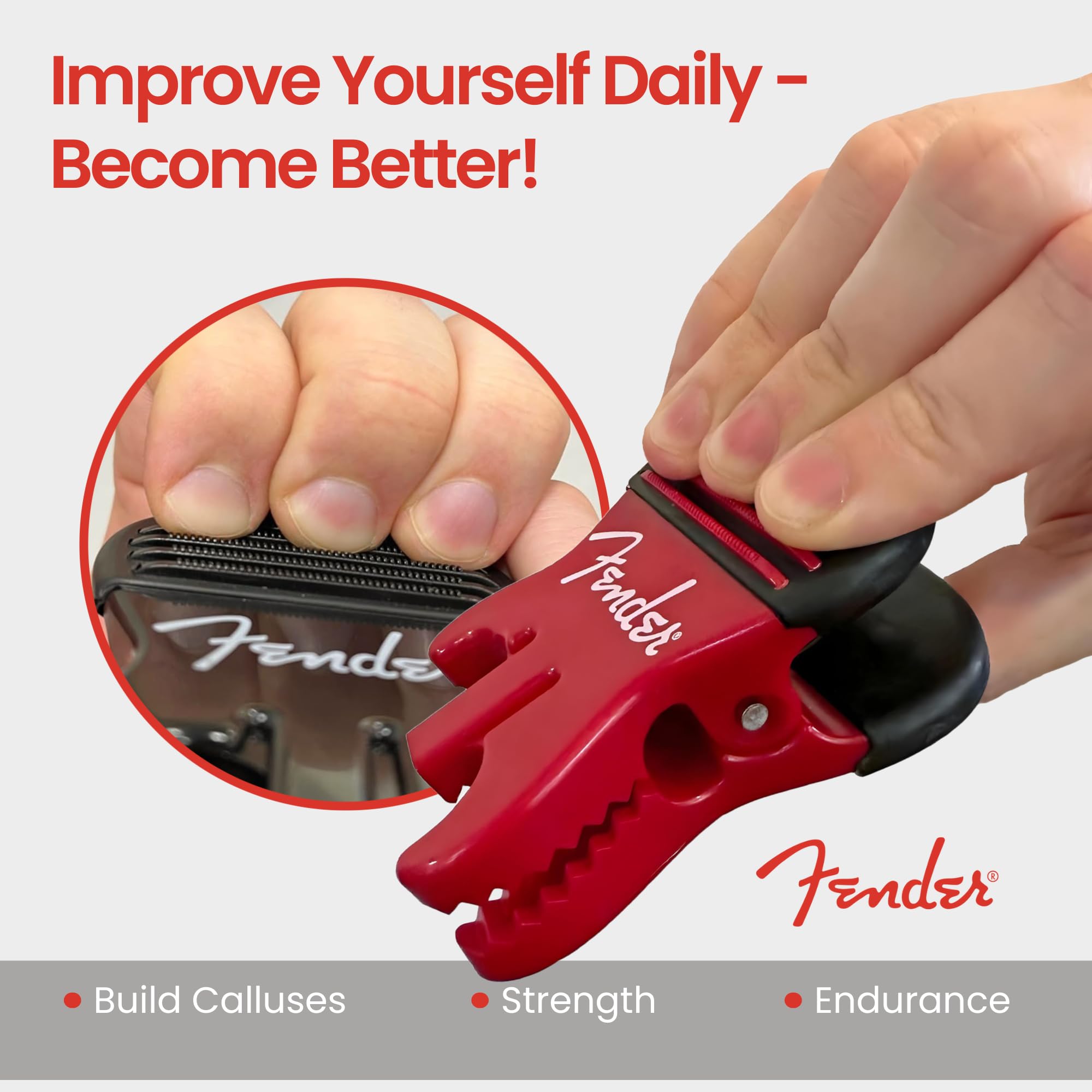 FENDER Patented Callus Builder & Finger Strengthener – 8-lb Resistance Finger Exerciser for Guitar, Bass & Violin – Guitar Finger Trainer & Grip Strength Tool – Ideal Guitar & Bass Accessories