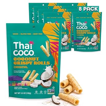 Thai Coco Original Crispy Coconut Rolls 8 Bag 3.5 oz each - Organic Tropical Snack, Vegan, Gluten-Free, Dairy-Free, Non-GMO, Light Fluffy Healthy Snack