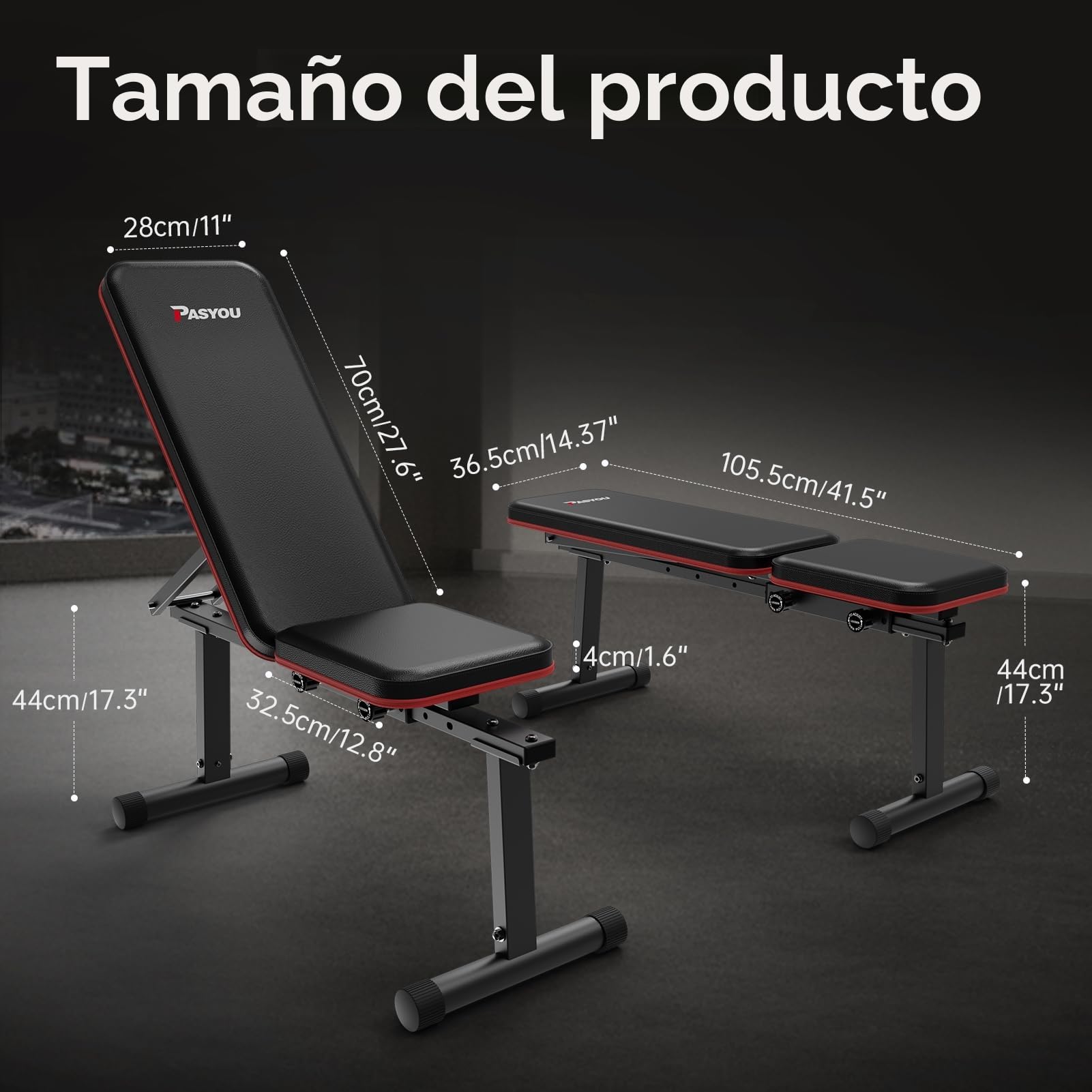 PASYOU Banco de Pesas Plano, Banco Musculación Plegable con 300KG Capacidad de Carga, Banco de pesas con ajuste multiángulo para ejercicios planos e inclinados, 2 en 1 Banco Gimnasio Doble Estructura