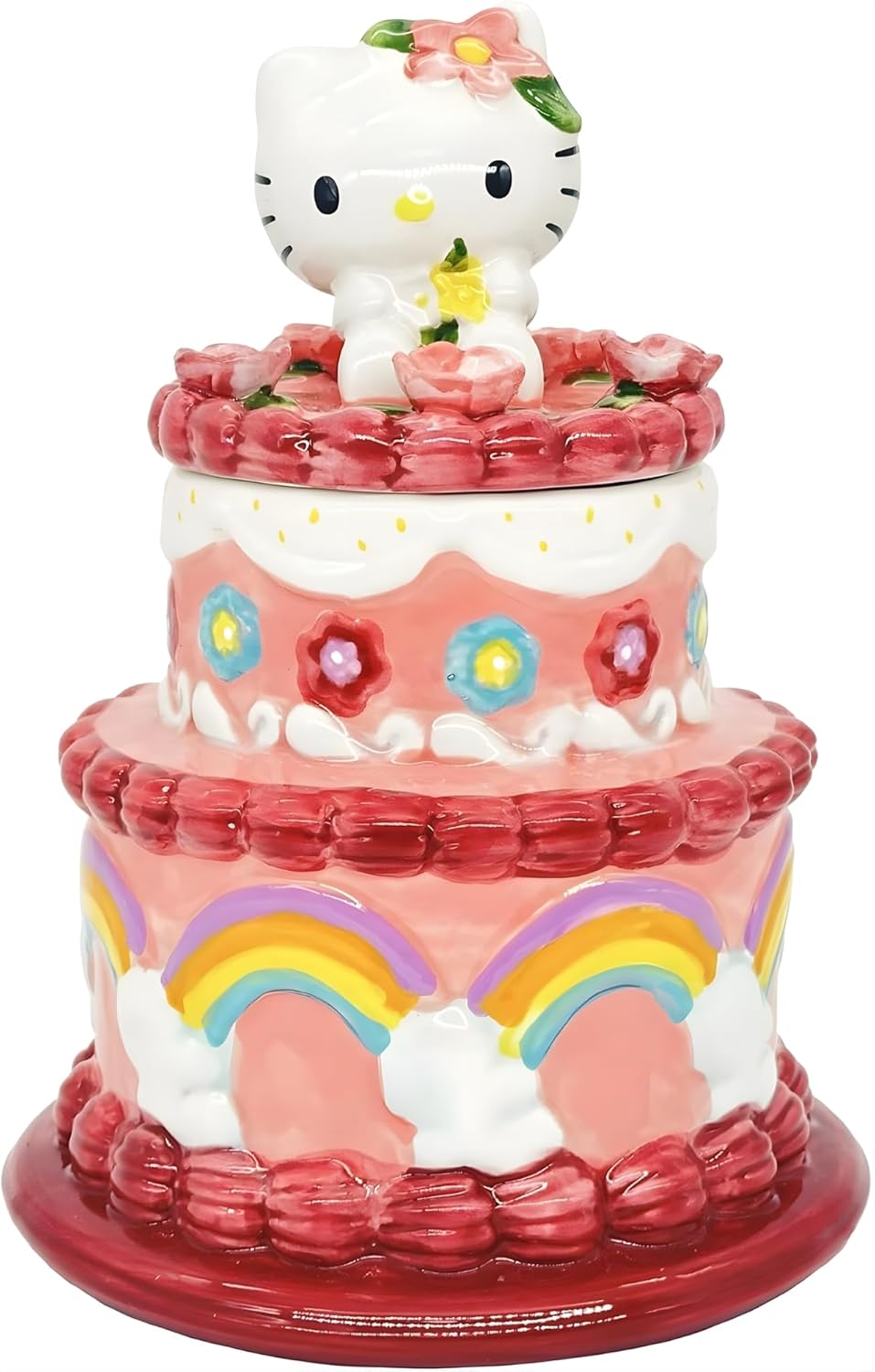 Blue Sky Clayworks Hello Kitty Cake Cookie Jar, Ceramic, 7" L x 7" W x 10" H, Rainbow Layer Treat Keeper