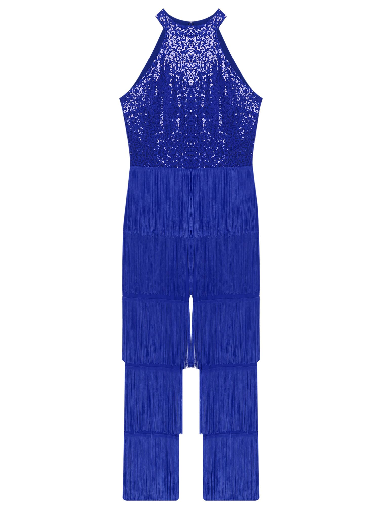 TiaoBug Abito da Ballo Latino Americano Tango Donna con Nappe Paillettes Body Danza Classica Moderna Collo Halter Costume da Danza Samba Rumba Salsa Sala da Ballo Dancewear