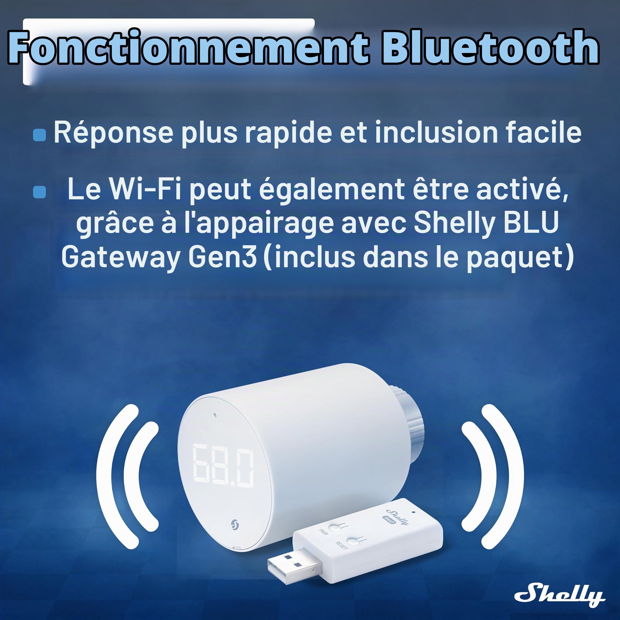 Shelly Blu TRV & Shelly Blu Gateway Gen3 - Tête thermostatique connectée Zigbee et Bluetooth avec Passerelle BLE (USB-A), Commande à Distance par app, Écran Rotatif