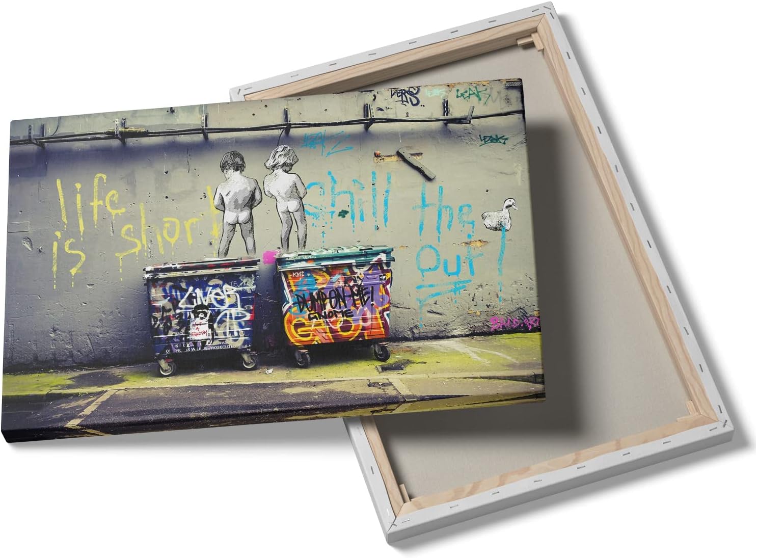 MGSBCXN Street Graffiti Art Wall Decor Banksy Canvas Wall Art Framed Life Is Short Chill the Duck Out Graffiti Poster Prints Colorful Picture Artwork Peeing Boy Painting for Bedroom Decor - 28x40 Inch