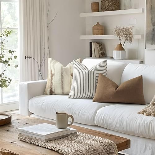 Miniatura 3 de Fundas de almohada de granja de 22 x 22 pulgadas, juego de 2 fundas cuadradas modernas, decorativas, de lino, con retazos de rayas negros y beige,