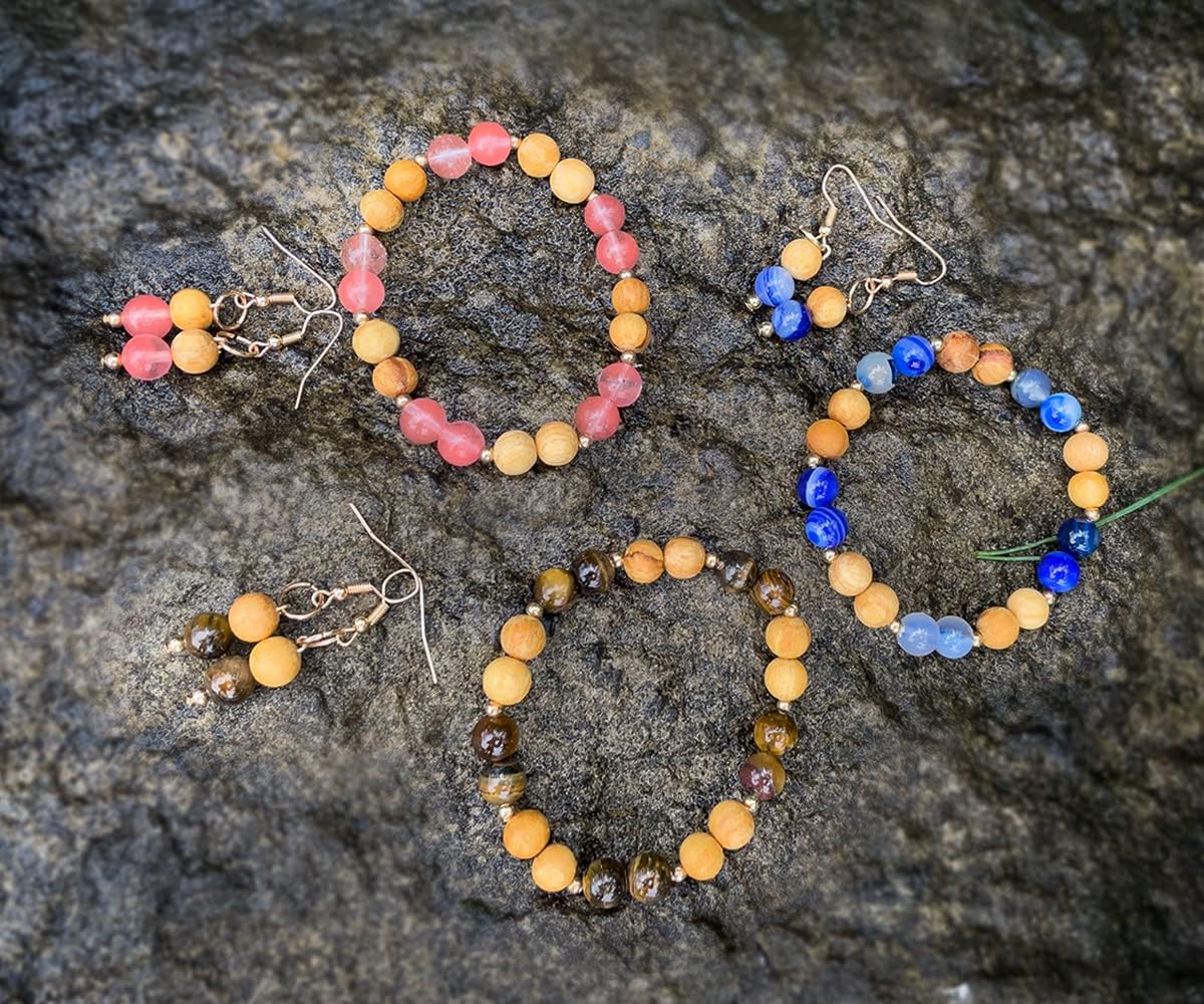 Bracelet and Earrings Set Handmade Peru from Palo Santo and Semi-precious Gemstones. 8mm round beads Highly Aromatic and Spiritually Cleansing.