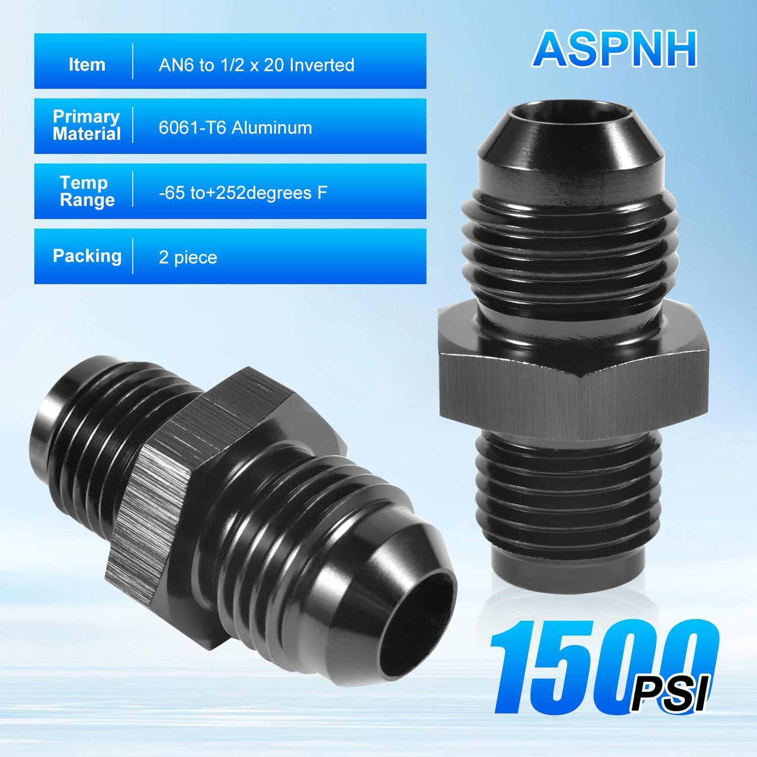 6AN Male Flare to 1/2 x 20 Male Chamfered Thread Straight Aluminum Adapter Connector Fitting, Black, 2 PCS.