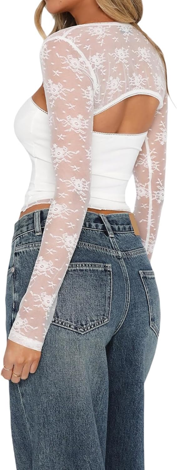 Women Lace Bolero Shrug See Through Floral Cardigan Sheer Mesh Cropped Y2K Going Out Tops - Image 4